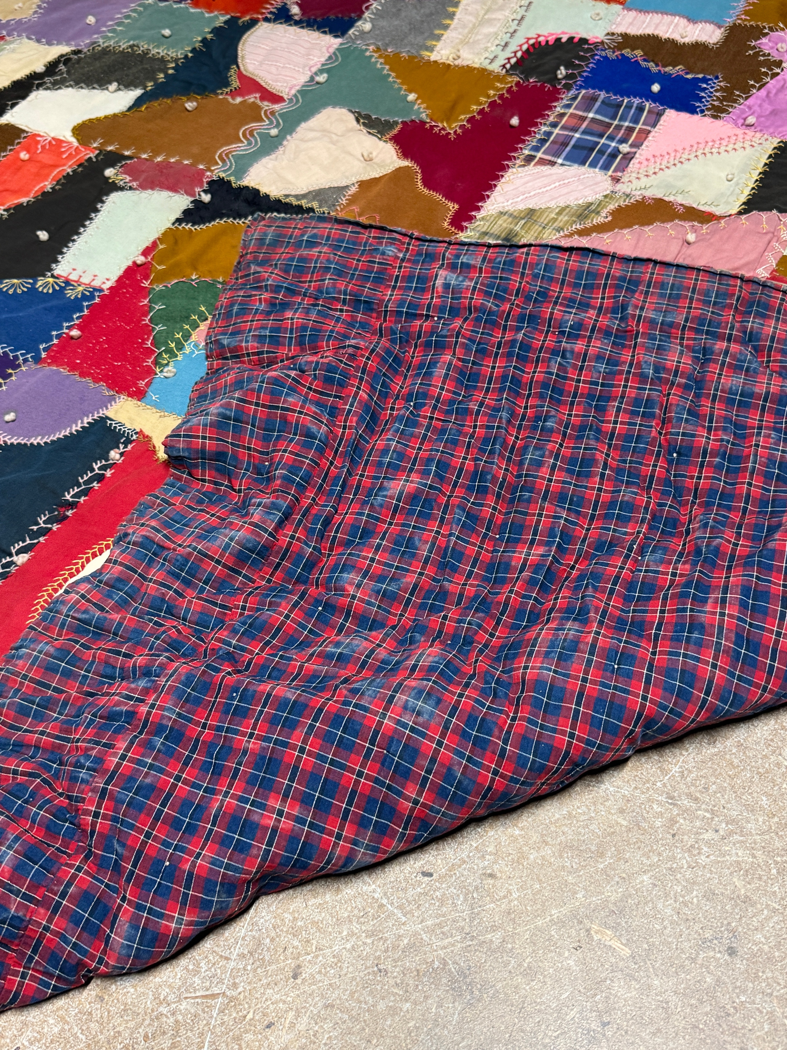 American Victorian Era Hand-Stitched Mixed Fabric Crazy Quilt