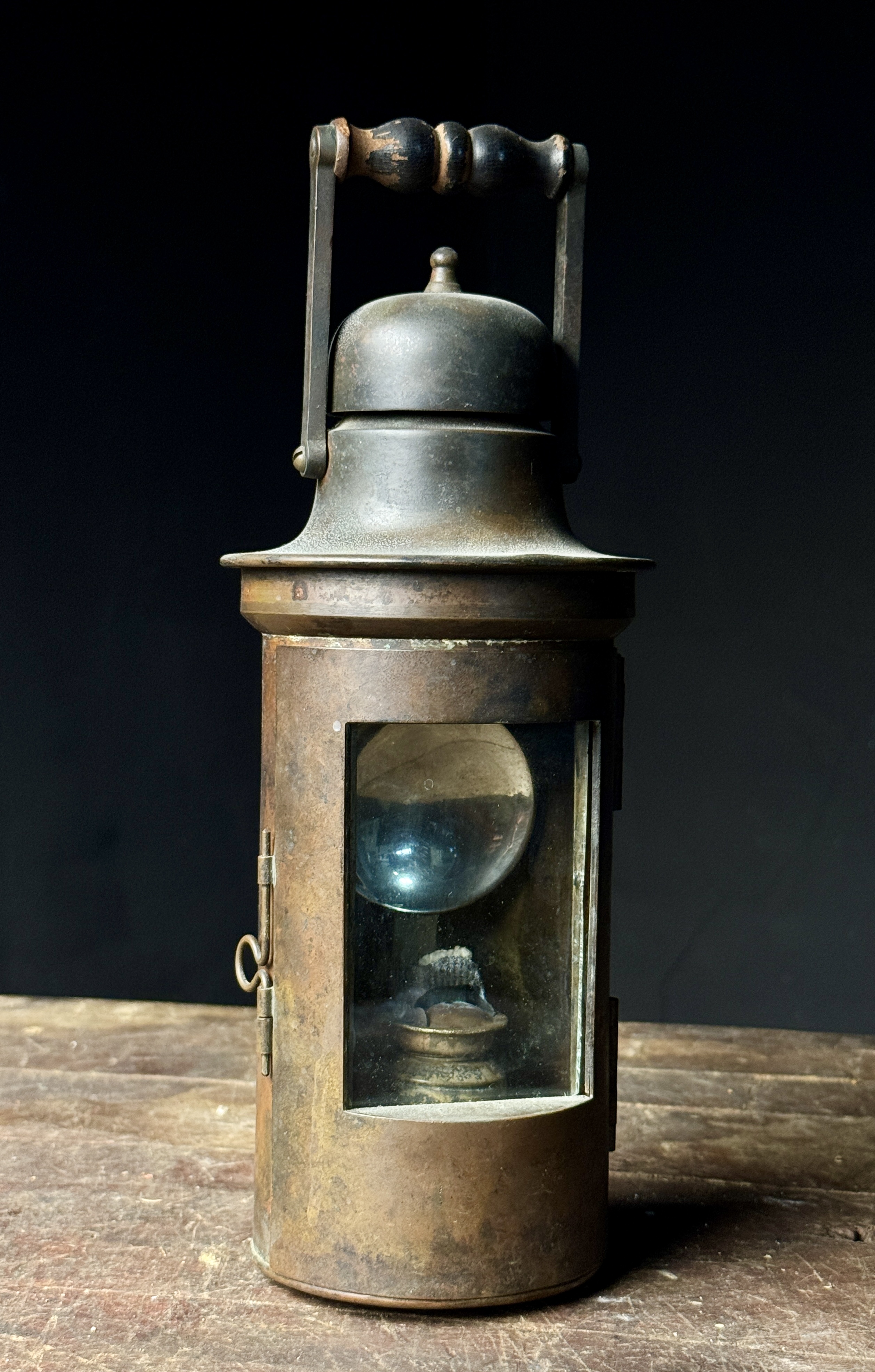 Antique Copper and Brass Bullseye Hand Lantern with Internal Burner Assembly