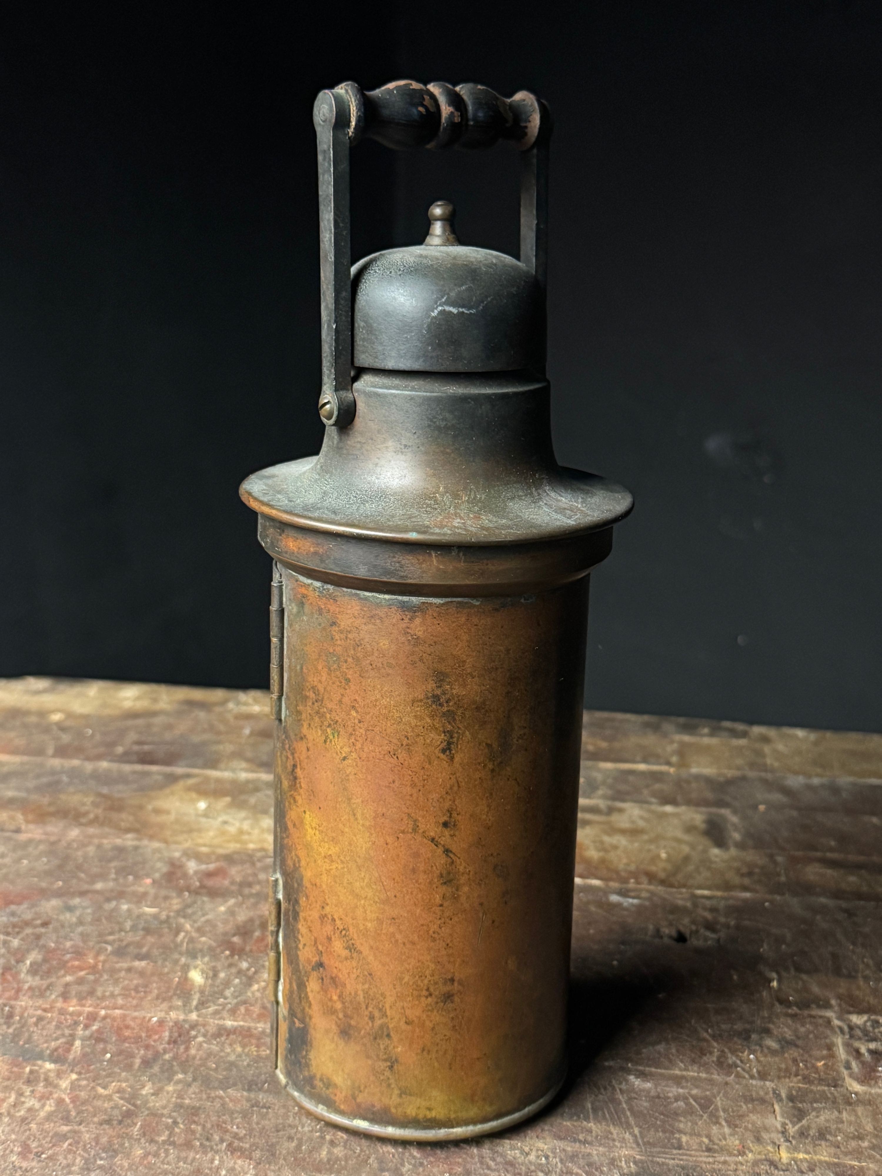 Antique Copper and Brass Bullseye Hand Lantern with Internal Burner Assembly