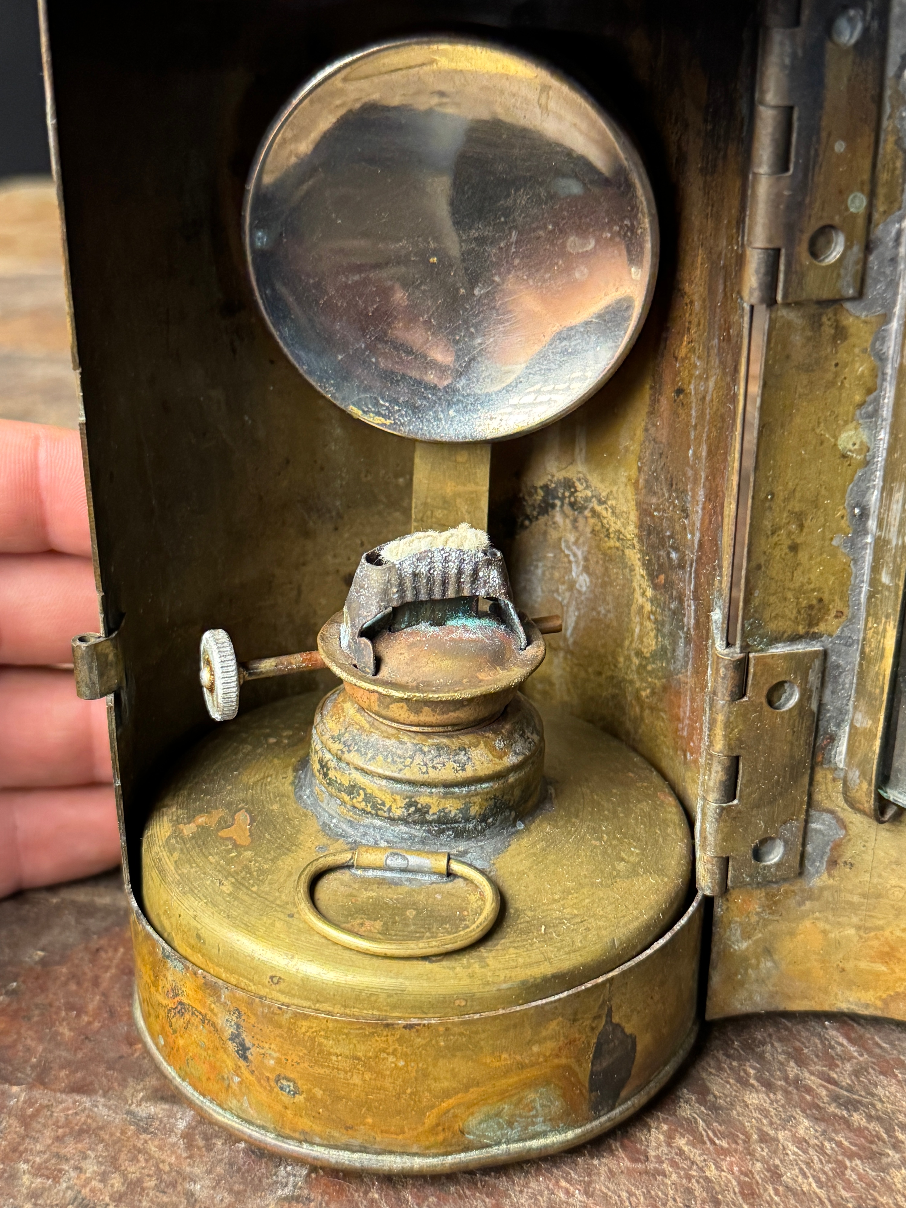 Antique Copper and Brass Bullseye Hand Lantern with Internal Burner Assembly
