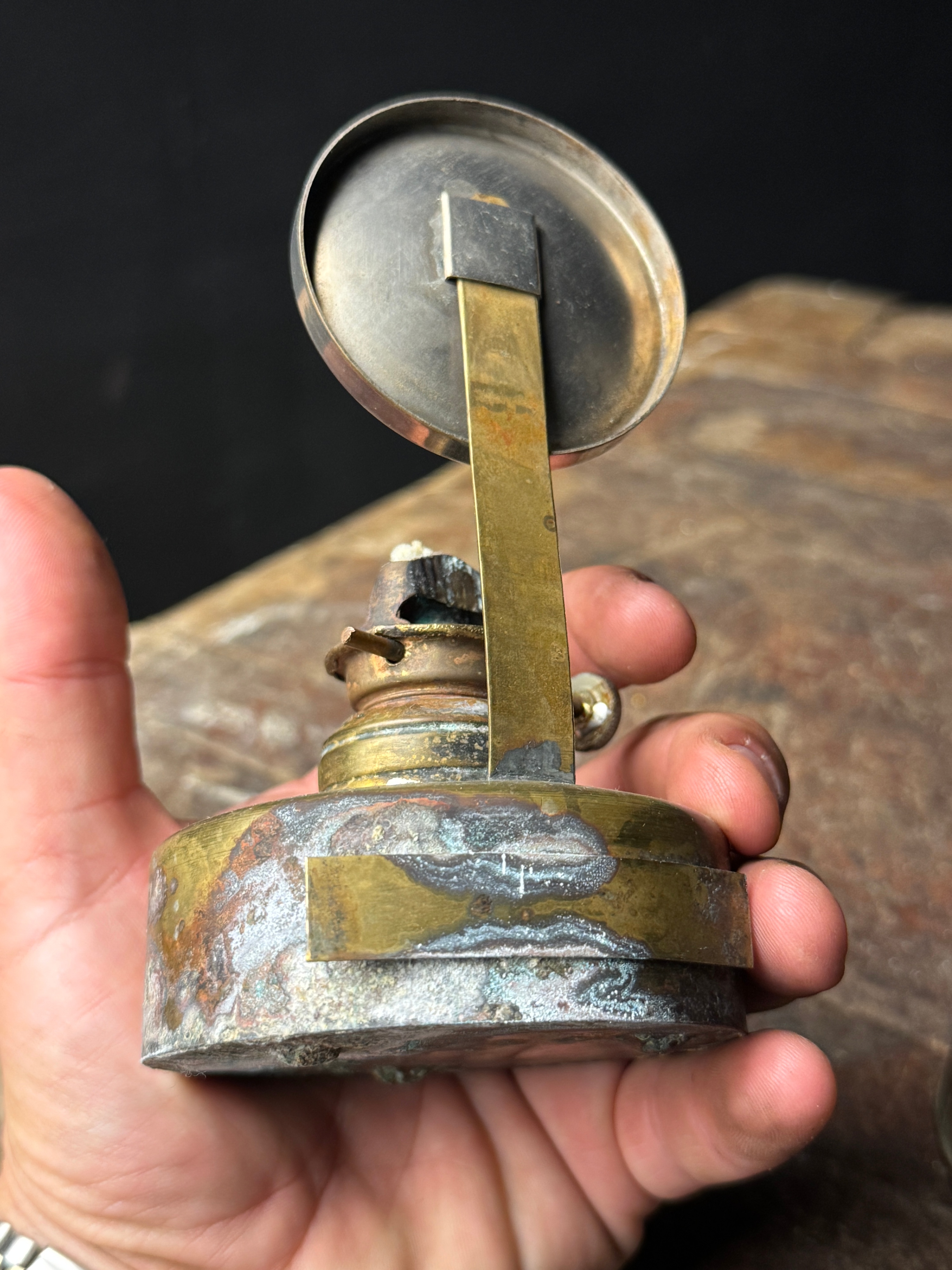 Antique Copper and Brass Bullseye Hand Lantern with Internal Burner Assembly