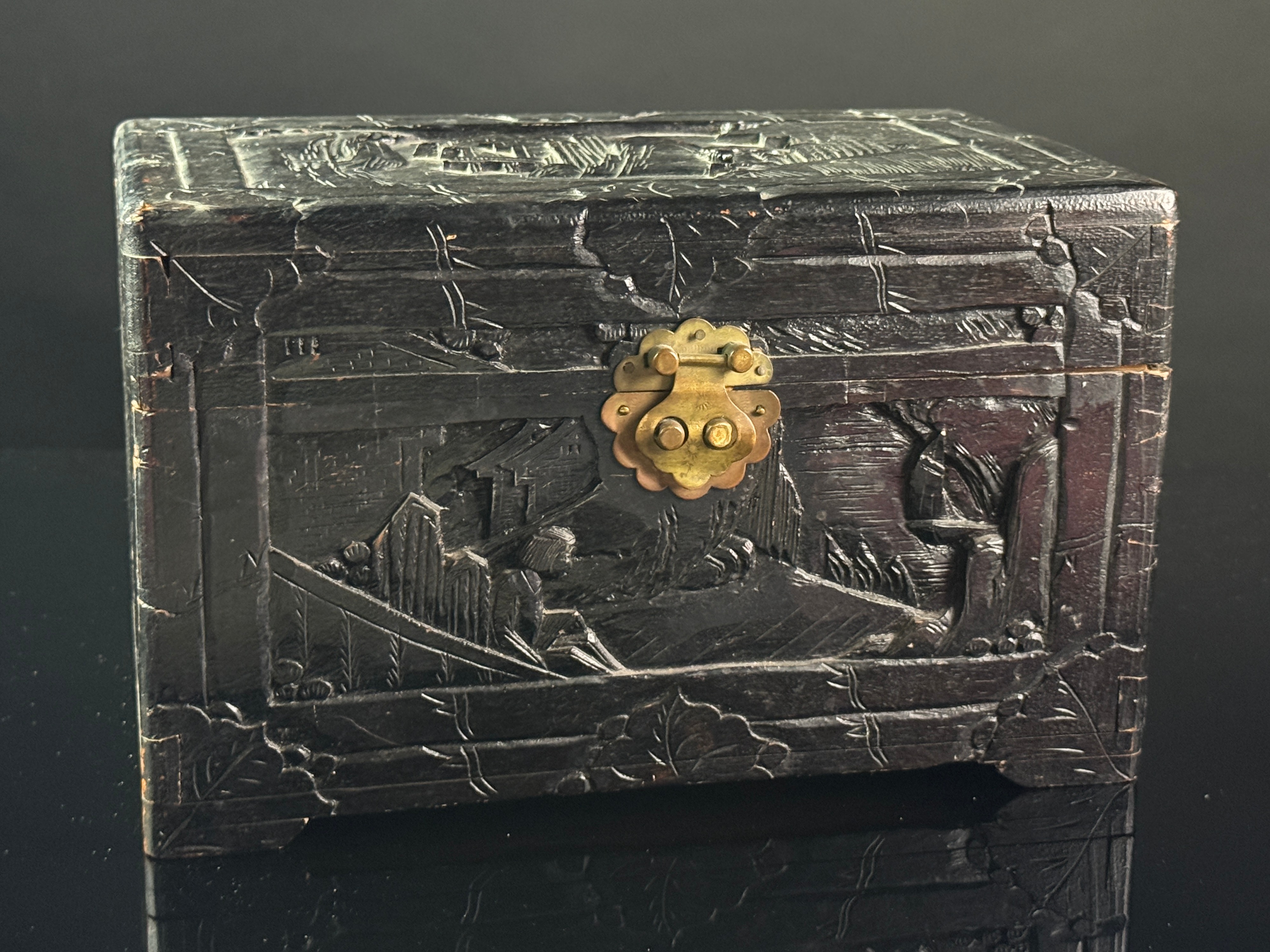 Chinese Export Hand Carved Camphor Wood Jewelry Box