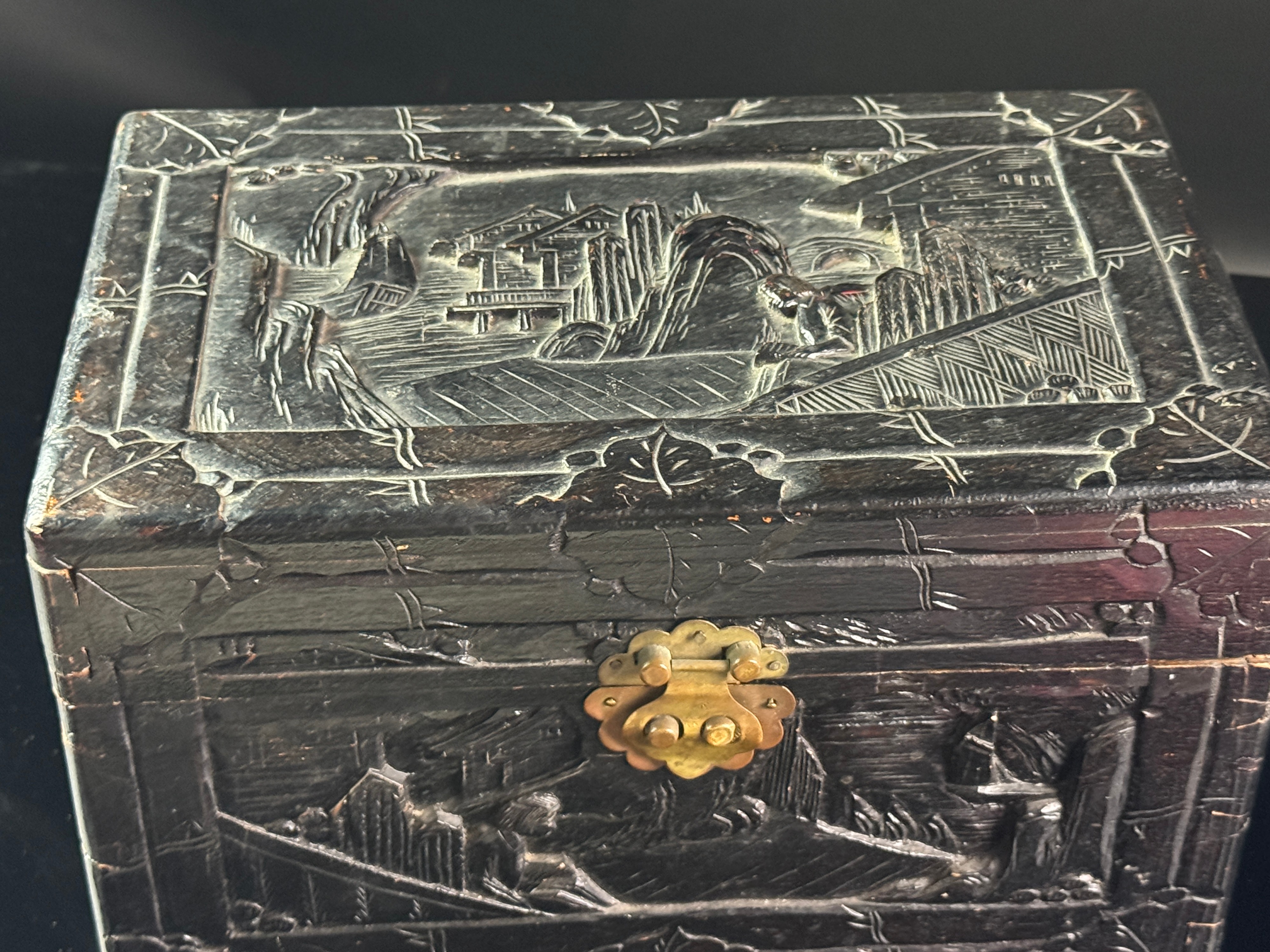 Chinese Export Hand Carved Camphor Wood Jewelry Box