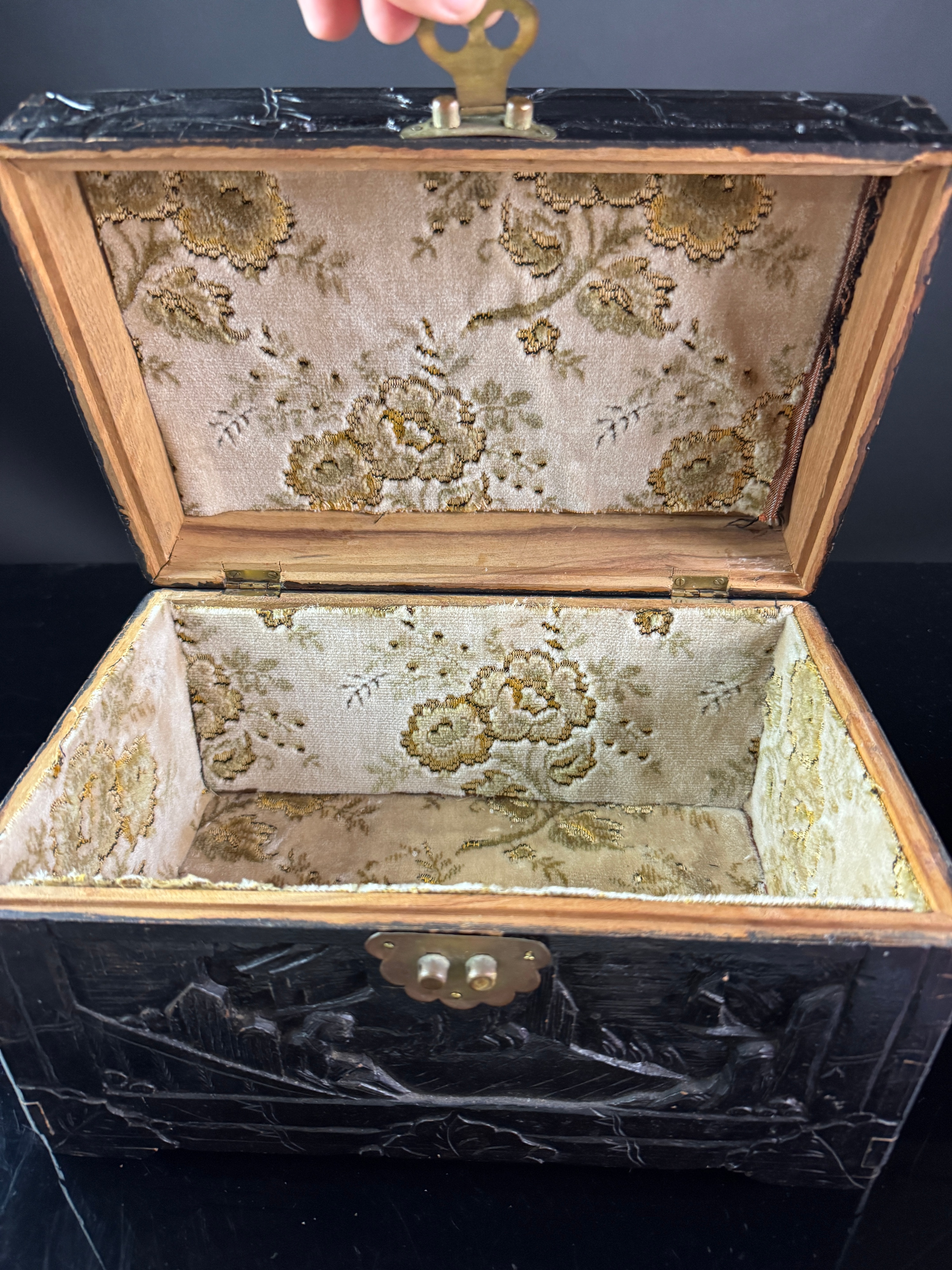 Chinese Export Hand Carved Camphor Wood Jewelry Box