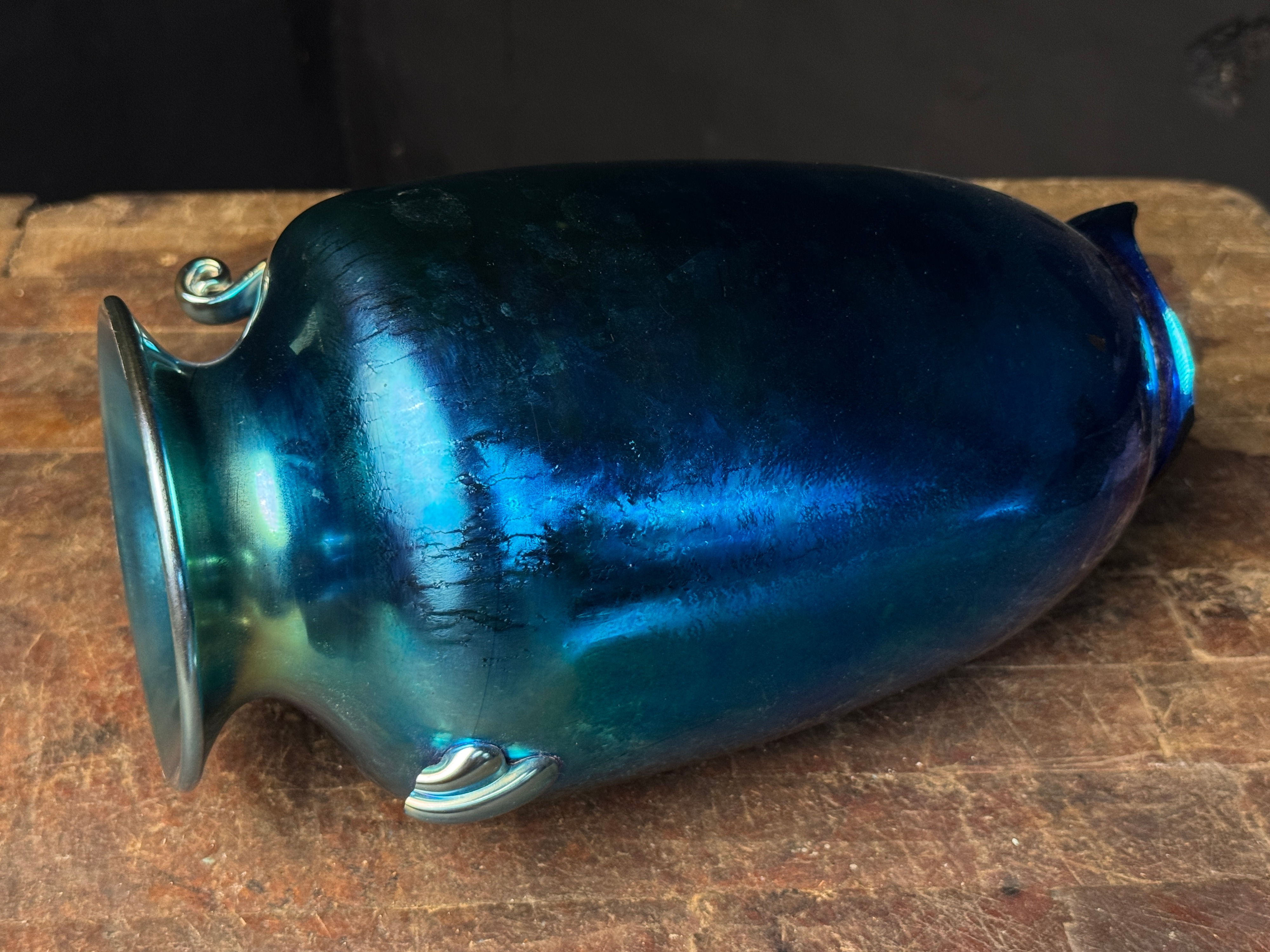Steuben Blue Aurene Art Glass Vase with Scroll Handles