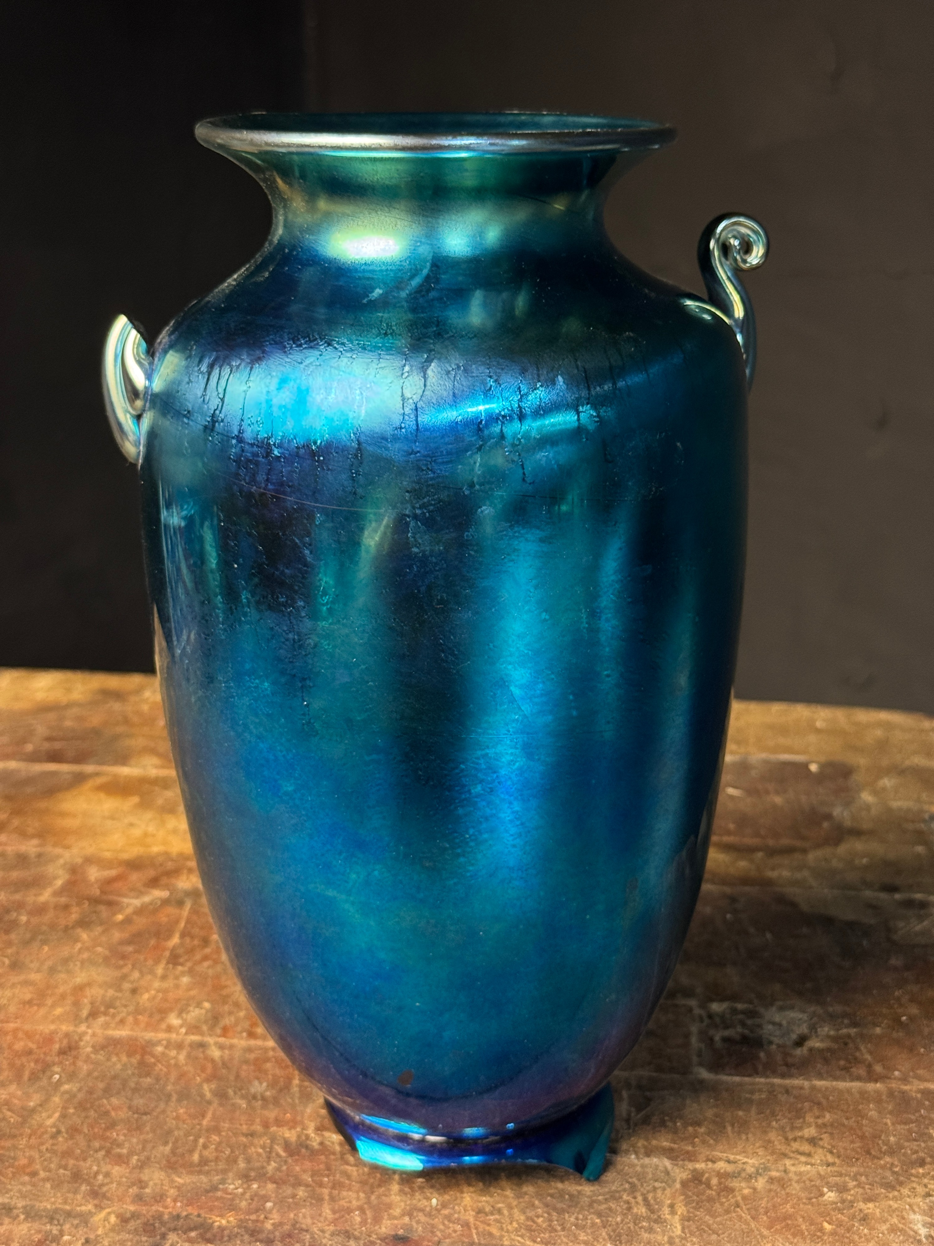 Steuben Blue Aurene Art Glass Vase with Scroll Handles