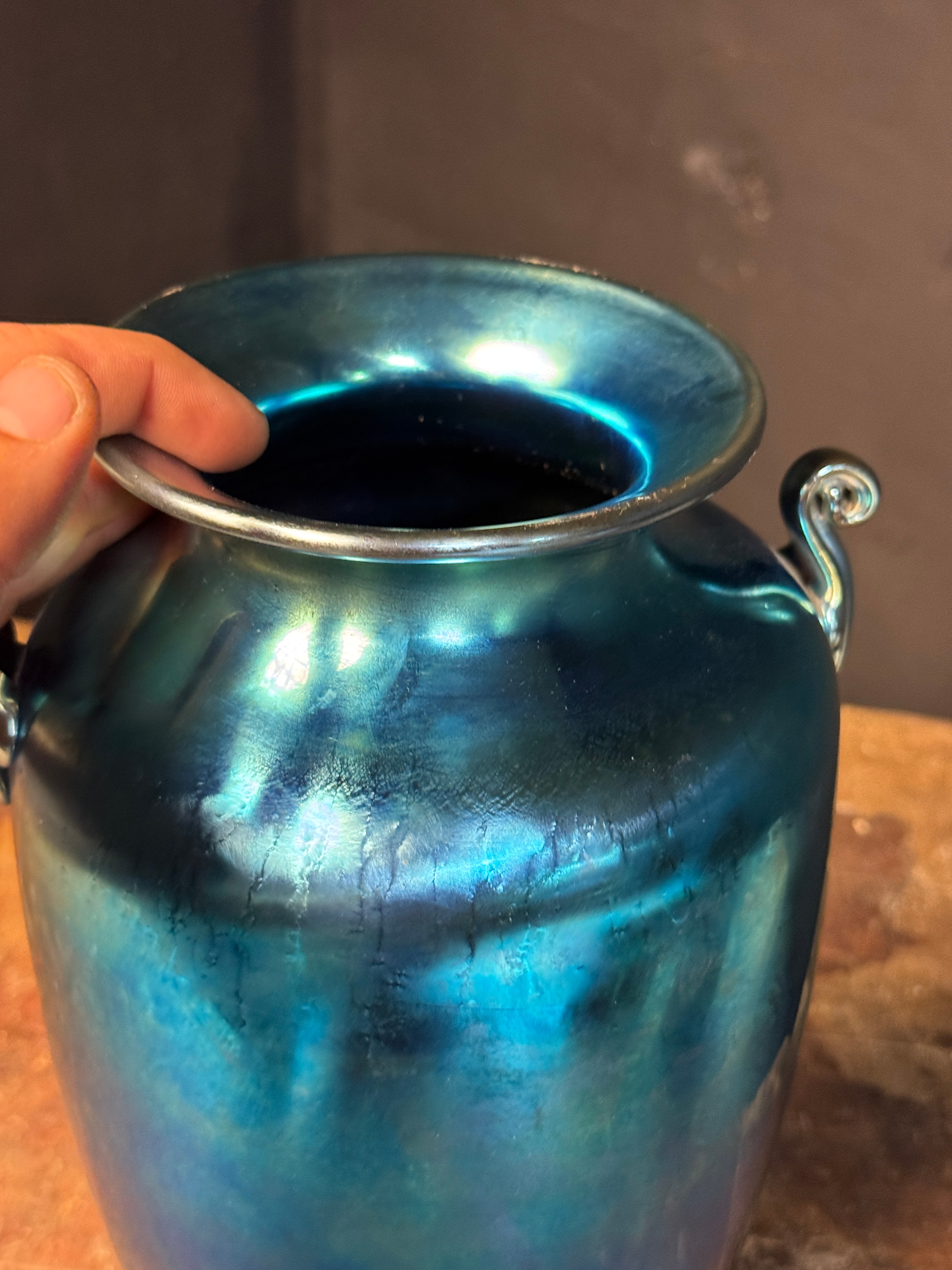 Steuben Blue Aurene Art Glass Vase with Scroll Handles