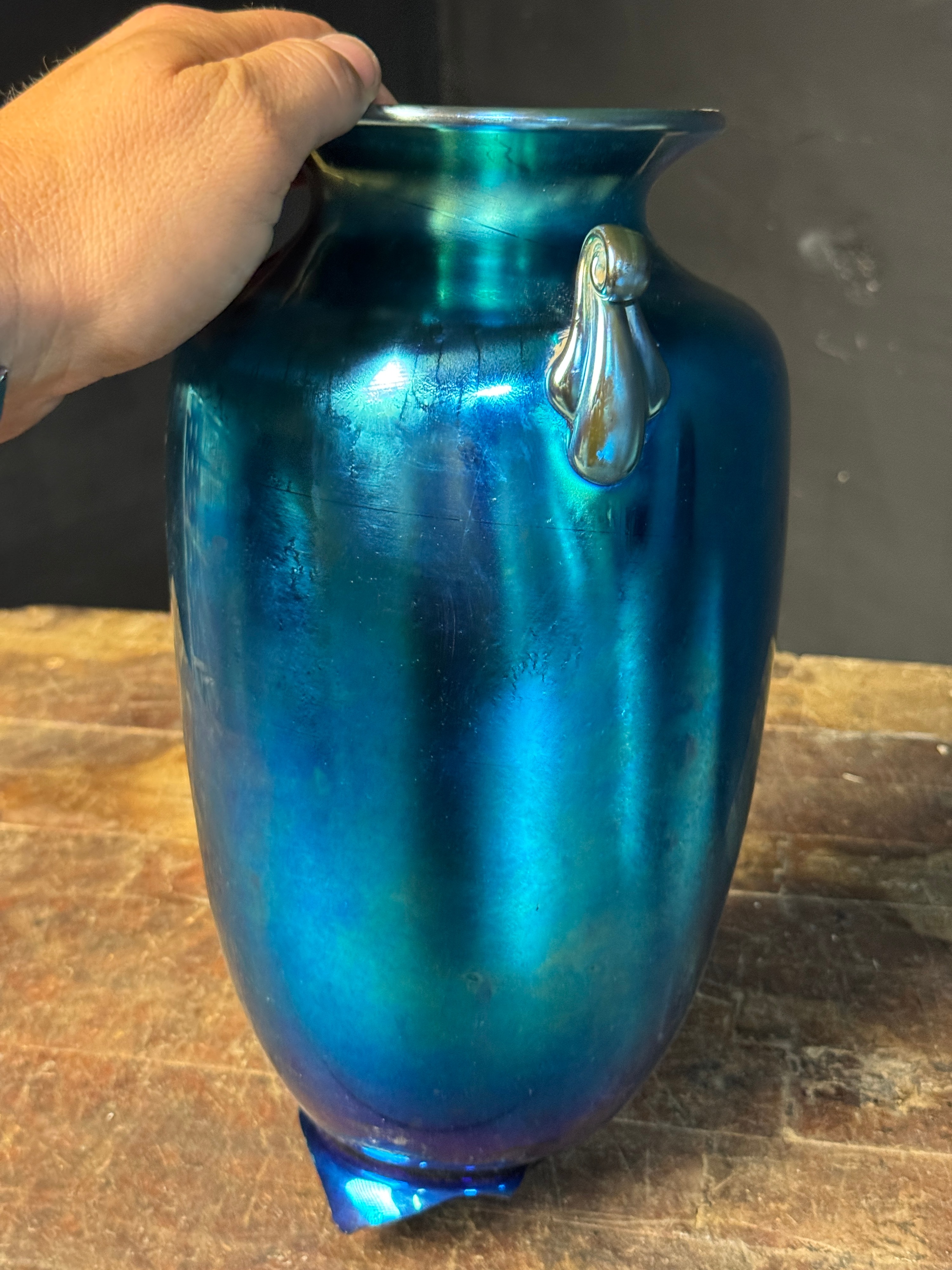 Steuben Blue Aurene Art Glass Vase with Scroll Handles