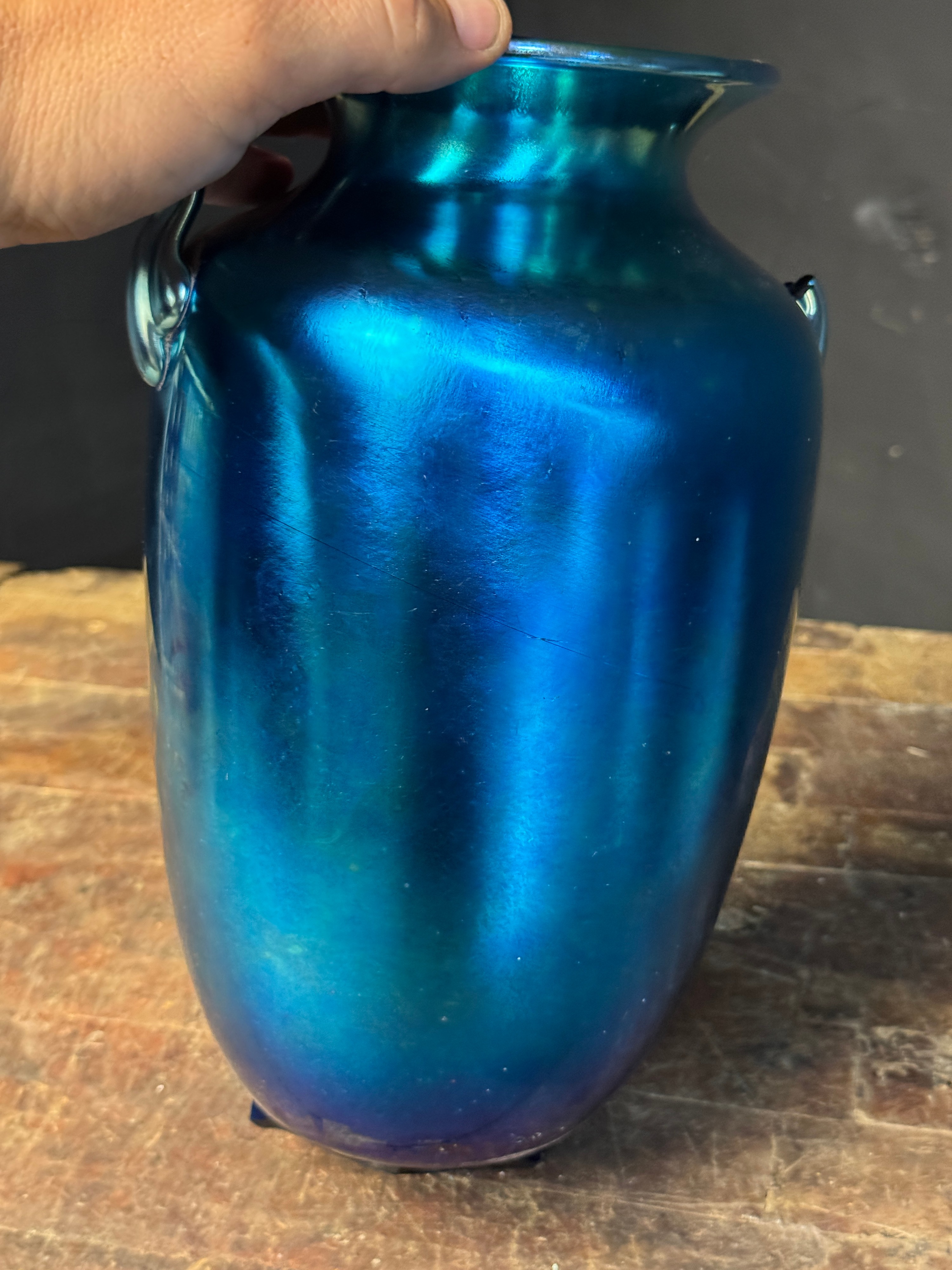Steuben Blue Aurene Art Glass Vase with Scroll Handles