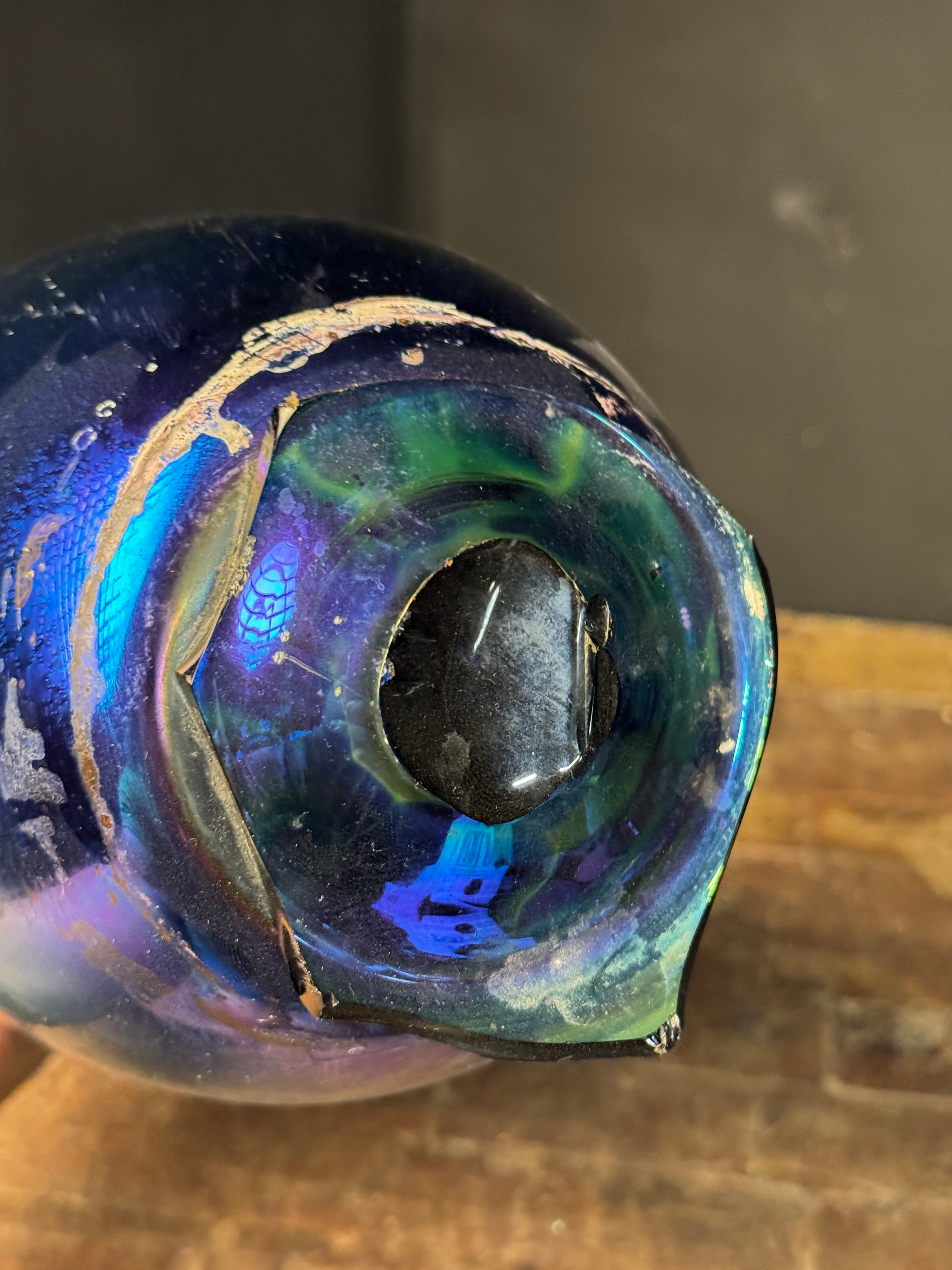 Steuben Blue Aurene Art Glass Vase with Scroll Handles