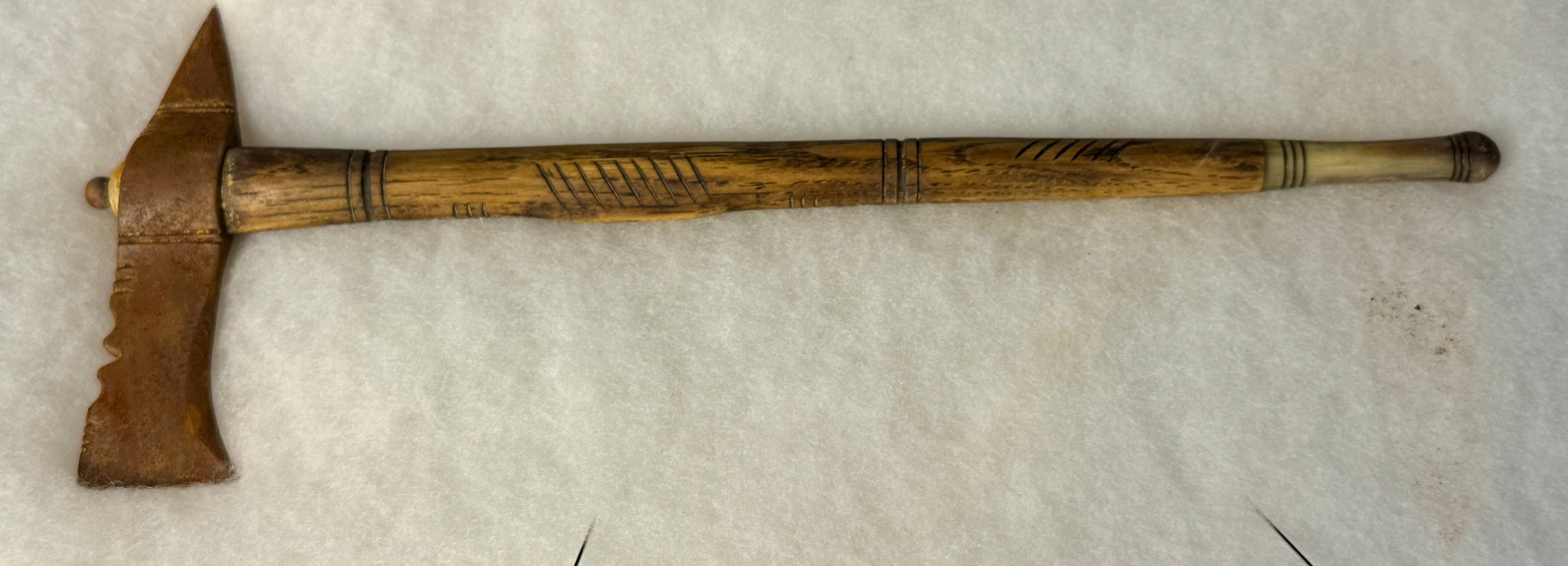 Spiked Tomahawk with Carved Wooden Haft and Bone Butt Cap