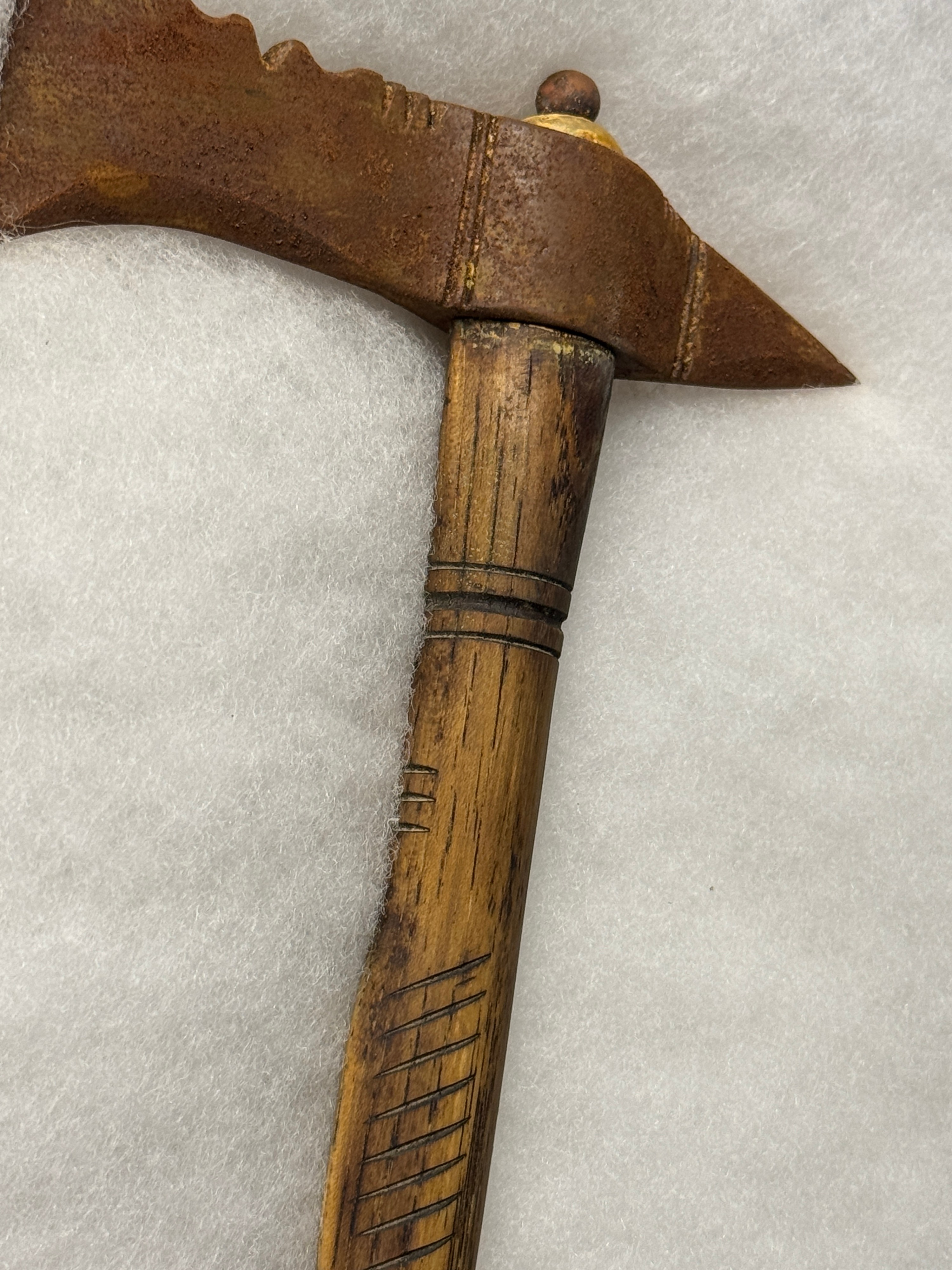 Spiked Tomahawk with Carved Wooden Haft and Bone Butt Cap