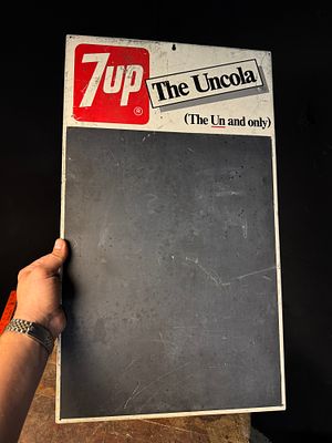 Vintage 7Up The Uncola Masonite Advertising Chalkboard Menu Sign. A rectangular vintage 