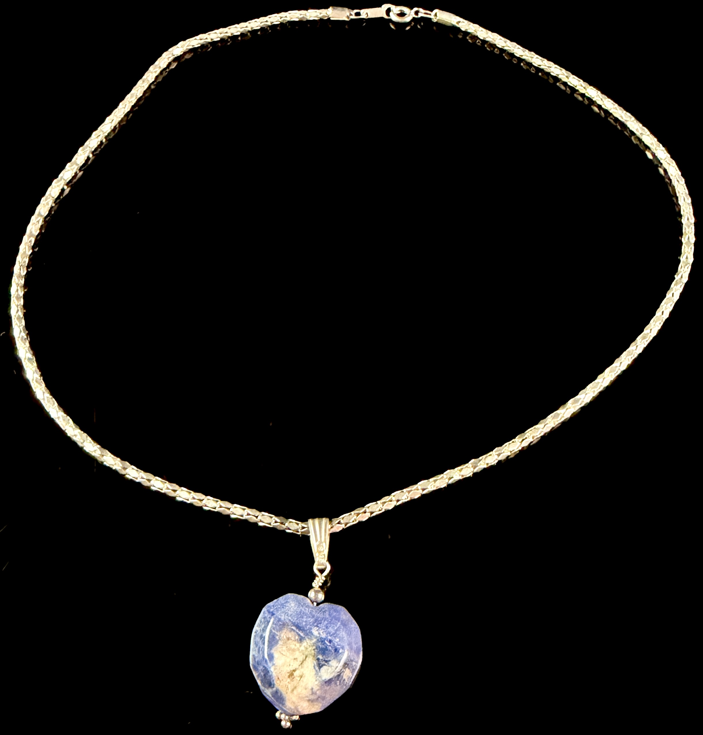 Sterling Silver and 14 Karat Gold-Filled Necklace with Rough-Cut Heart-Shaped Blue Stone Pendant