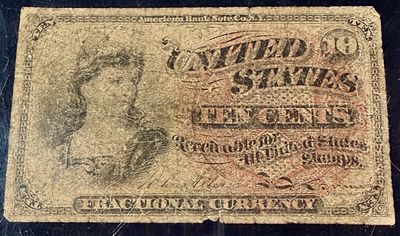 1863 United States Ten Cents Fractional Currency Note. This Second Issue fractional currency 