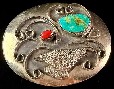Large Vintage Southwestern Style Silver Toned Turquoise and Coral Quail Belt Buckle. A vintage 