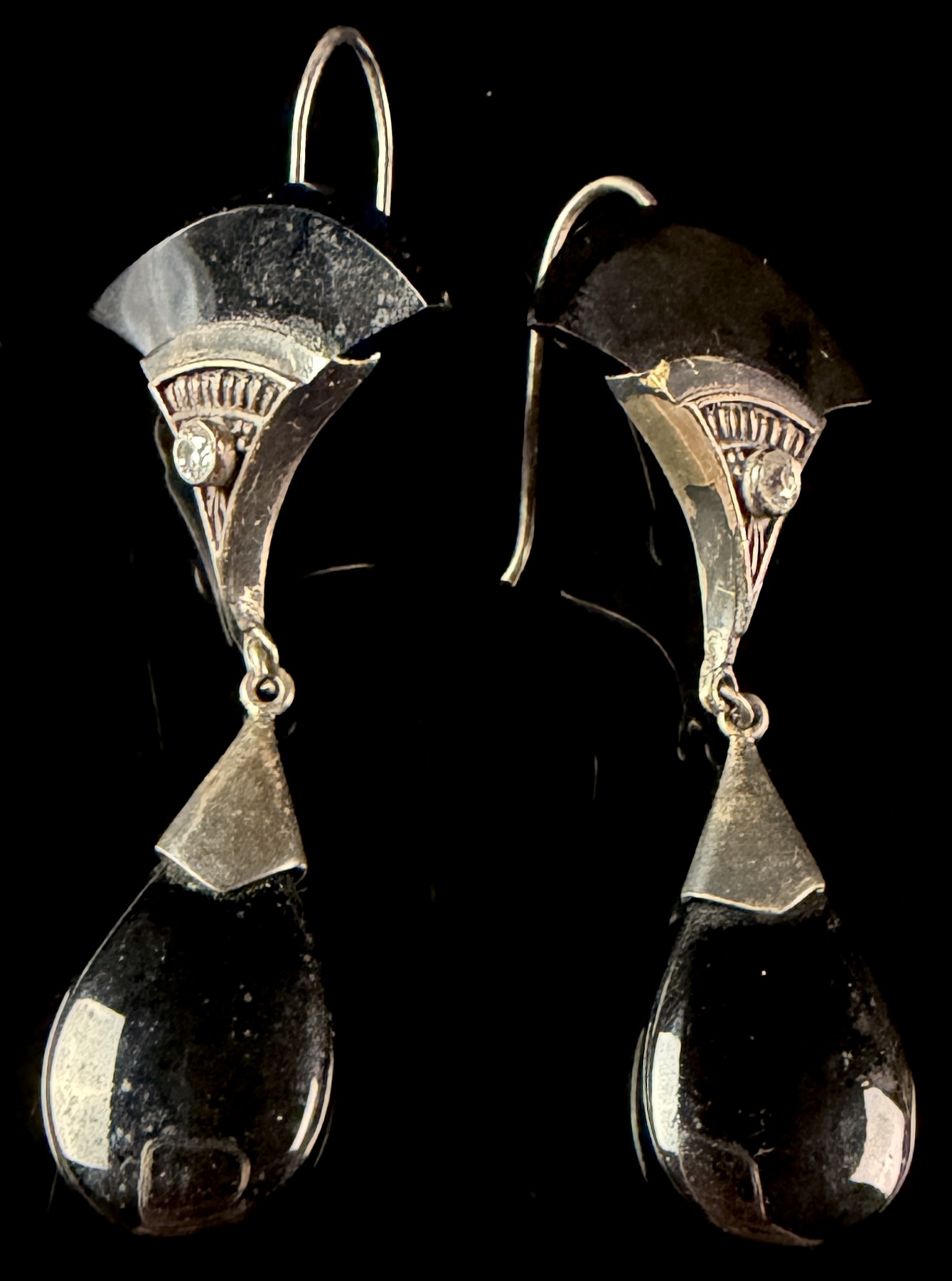 A Pair of Art Deco Style Sterling Silver, Onyx and White Stone Dangle Earrings
