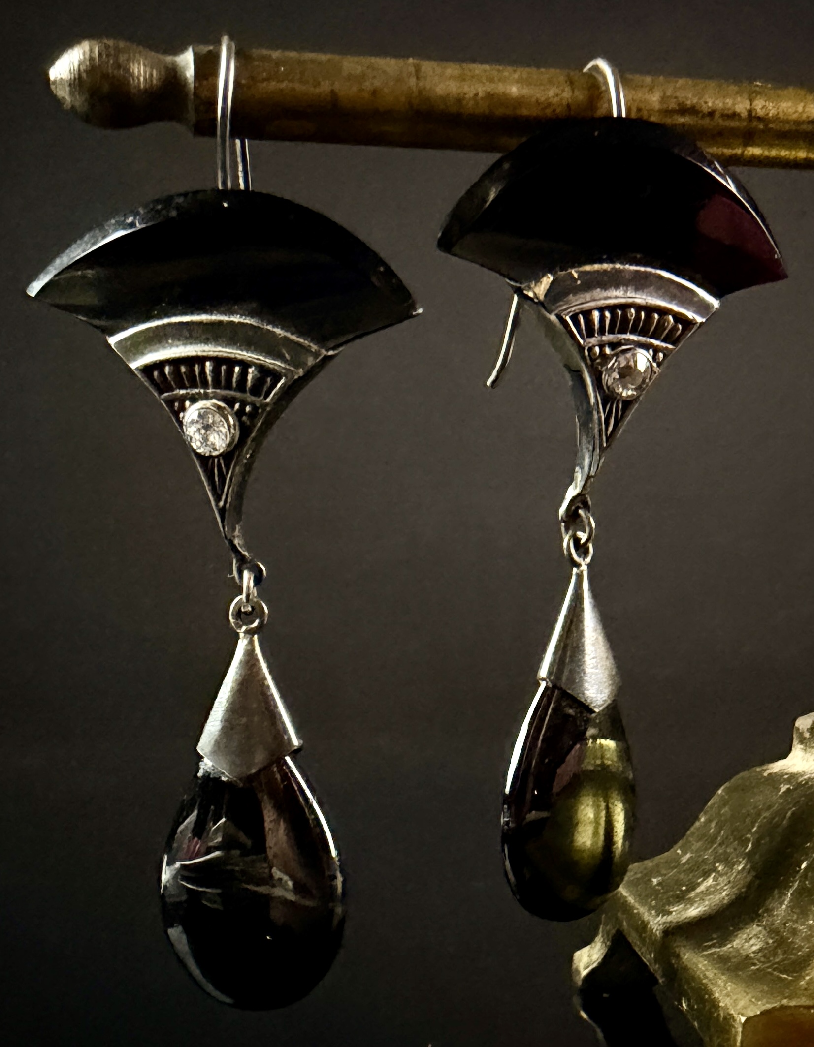 A Pair of Art Deco Style Sterling Silver, Onyx and White Stone Dangle Earrings