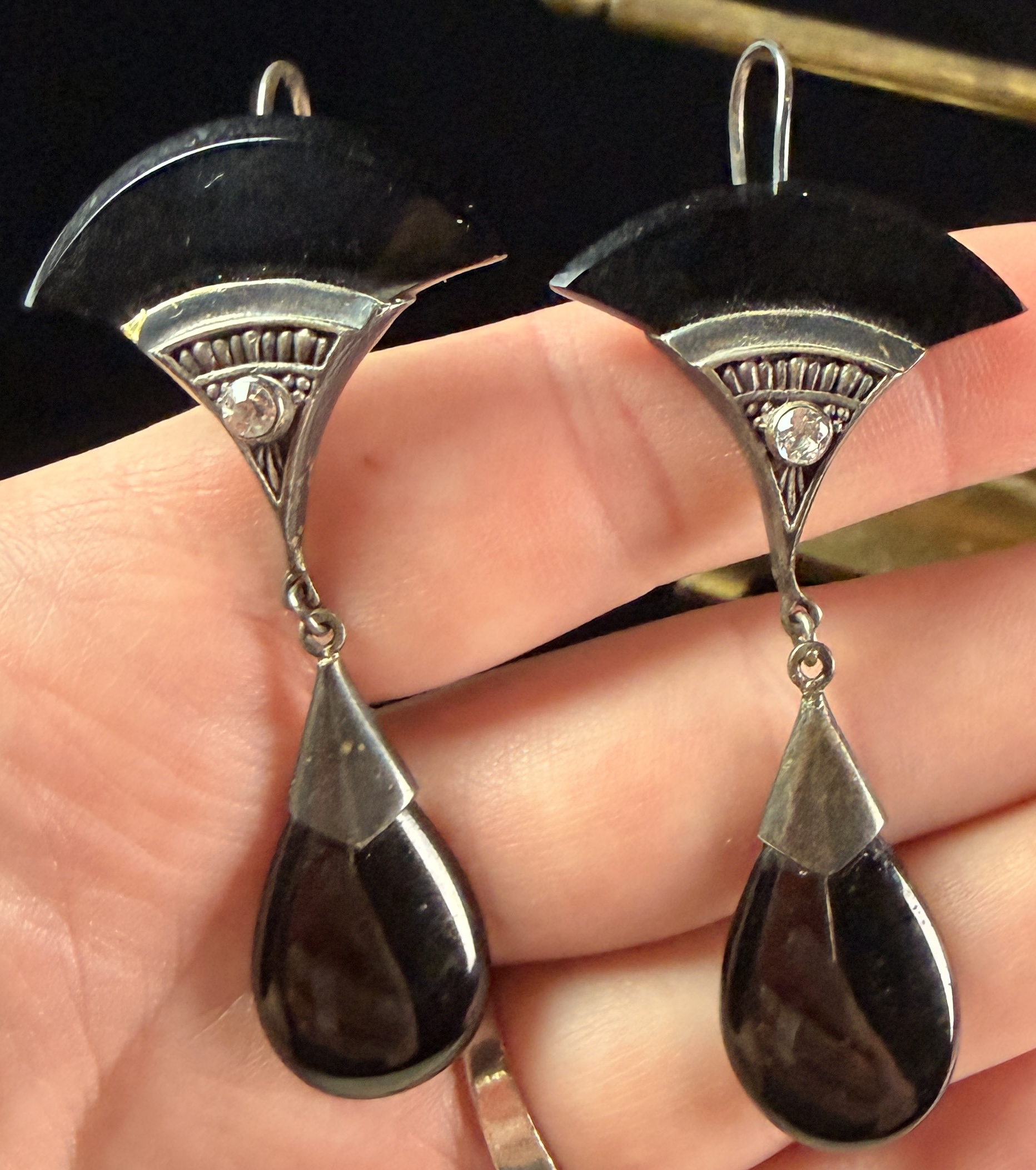 A Pair of Art Deco Style Sterling Silver, Onyx and White Stone Dangle Earrings