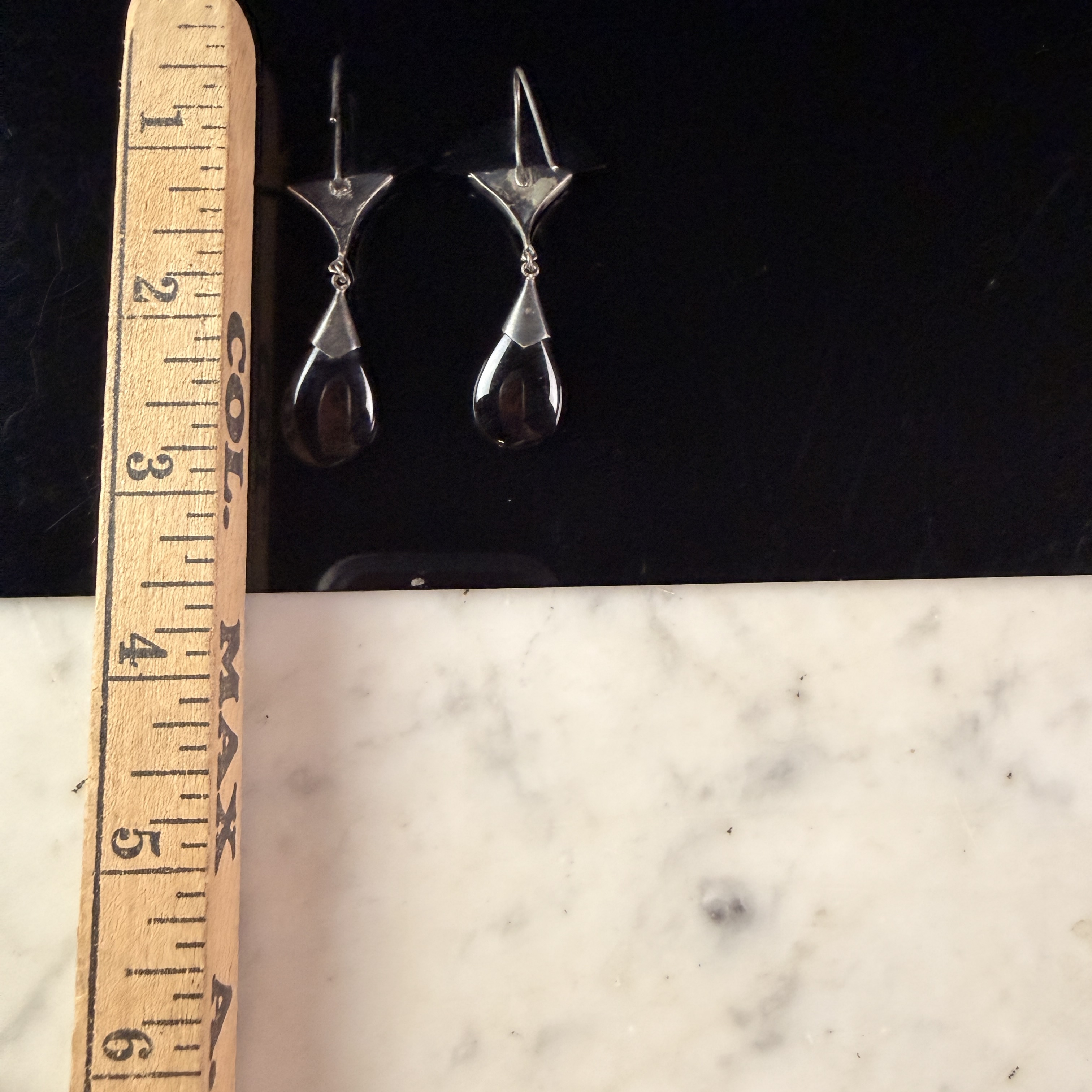 A Pair of Art Deco Style Sterling Silver, Onyx and White Stone Dangle Earrings