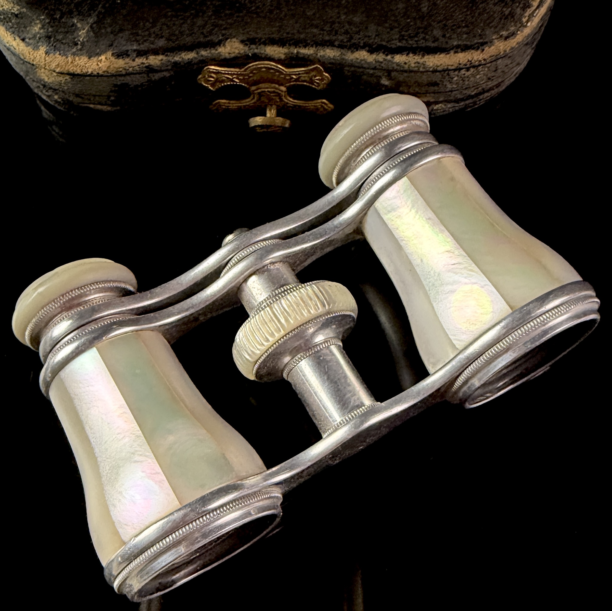 A Pair of Victorian Mother-of-Pearl and Silver-Toned Metal Opera Glasses with Original Fitted Case