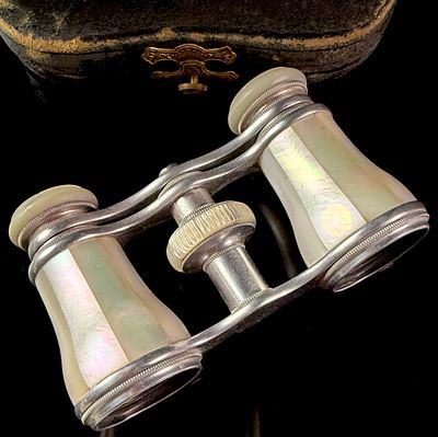 A Pair of Victorian Mother-of-Pearl and Silver-Toned Metal Opera Glasses with Original Fitted Case. 