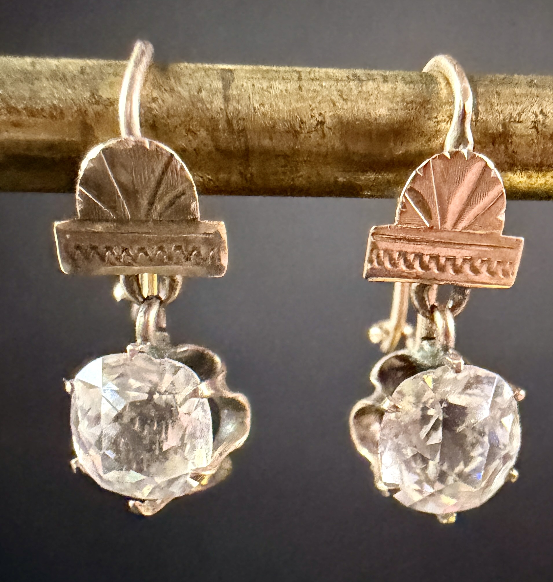 A Pair of Victorian 10K Gold and Colorless Faceted Stone Earrings