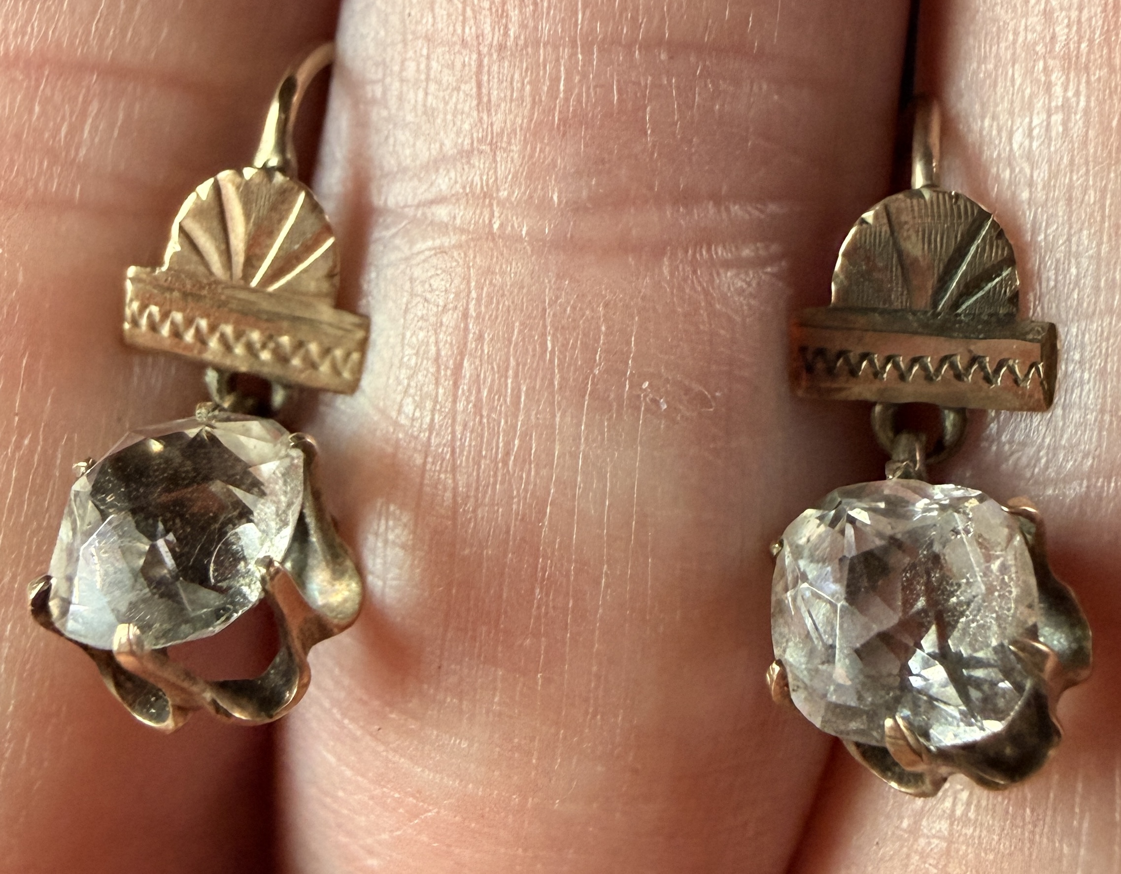 A Pair of Victorian 10K Gold and Colorless Faceted Stone Earrings