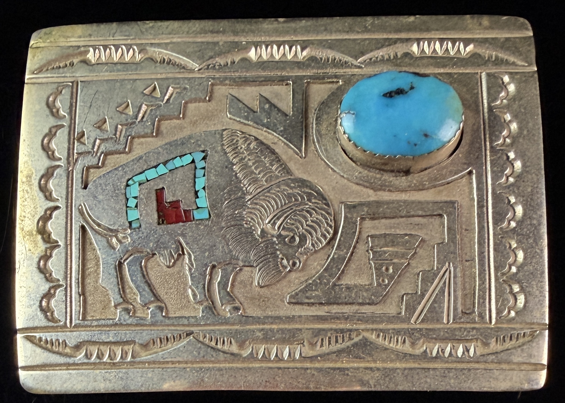 Navajo Sterling Silver and Turquoise Bison Belt Buckle