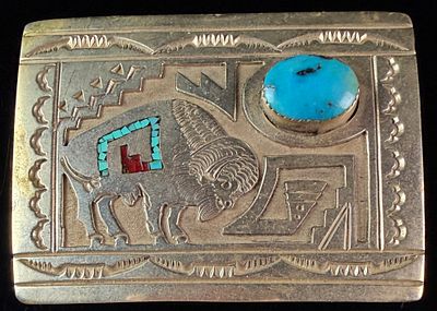 Navajo Sterling Silver and Turquoise Bison Belt Buckle. A Navajo rectangular sterling silver 
