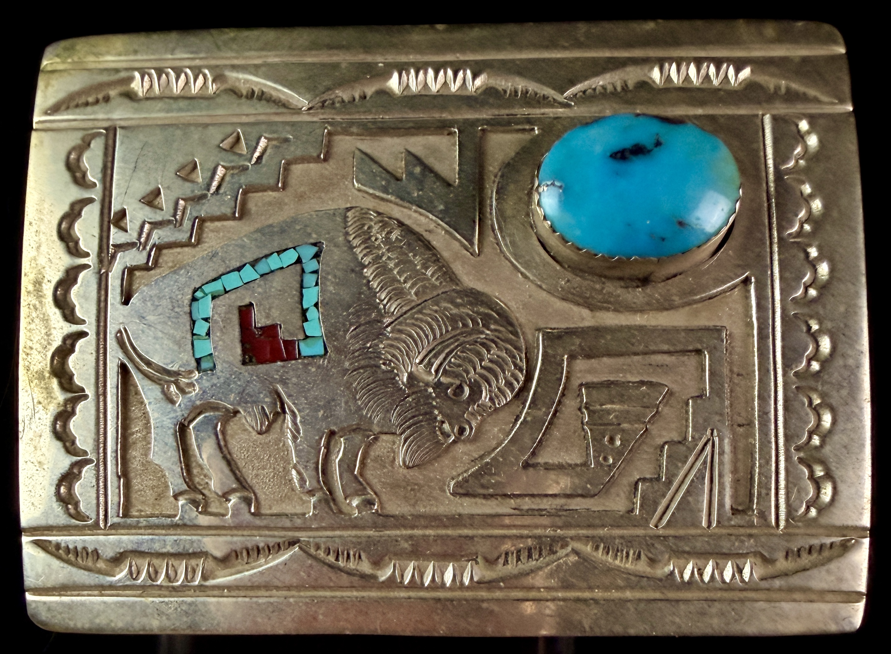 Navajo Sterling Silver and Turquoise Bison Belt Buckle