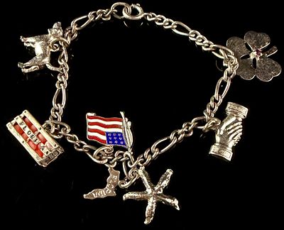 A Vintage Sterling Silver Figaro Link Charm Bracelet Featuring Wells and Travel Themed Charms. A 