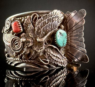 Allan Chee Navajo Sterling Silver Eagle Motif Cuff Bracelet with Turquoise and Coral. A Navajo 