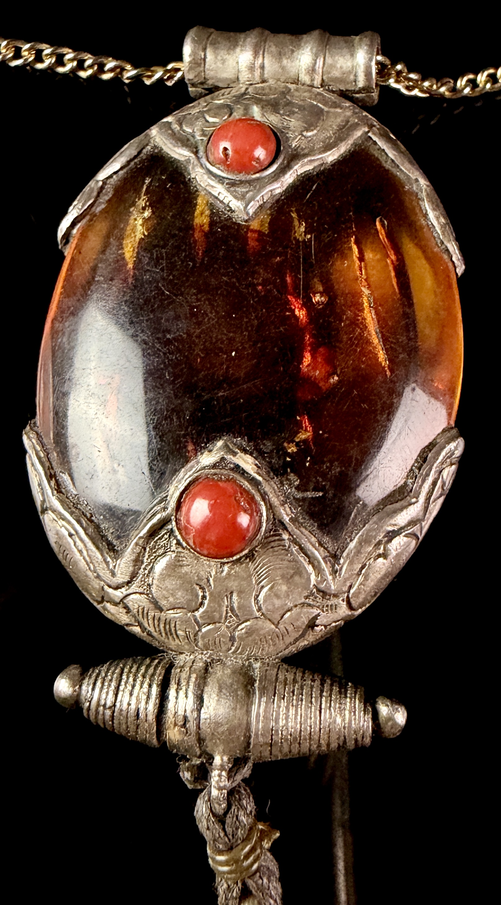 Tibetan Style Articulated Silver Toned Pendant Necklace with Amber Coral and Turquoise