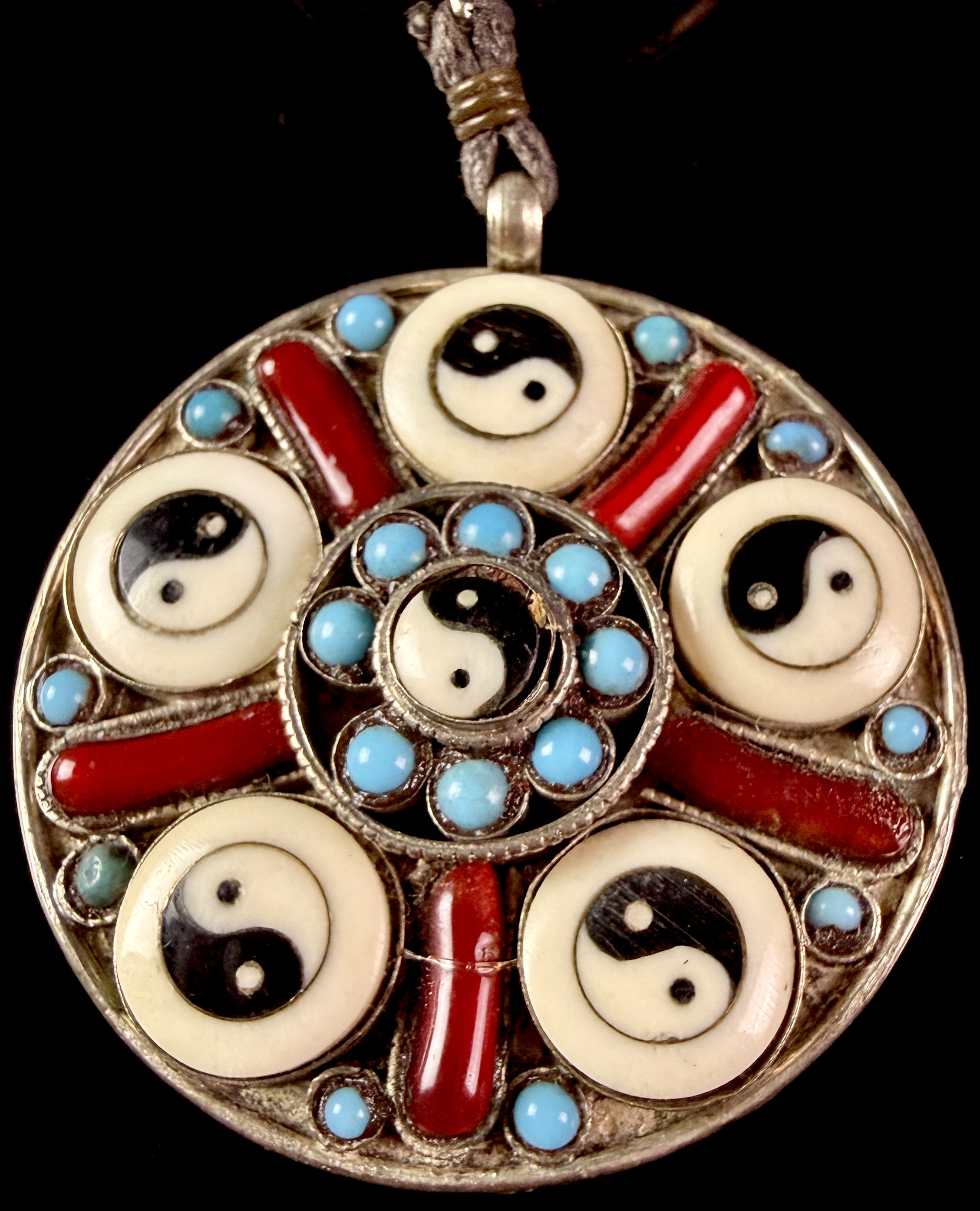 Tibetan Style Articulated Silver Toned Pendant Necklace with Amber Coral and Turquoise