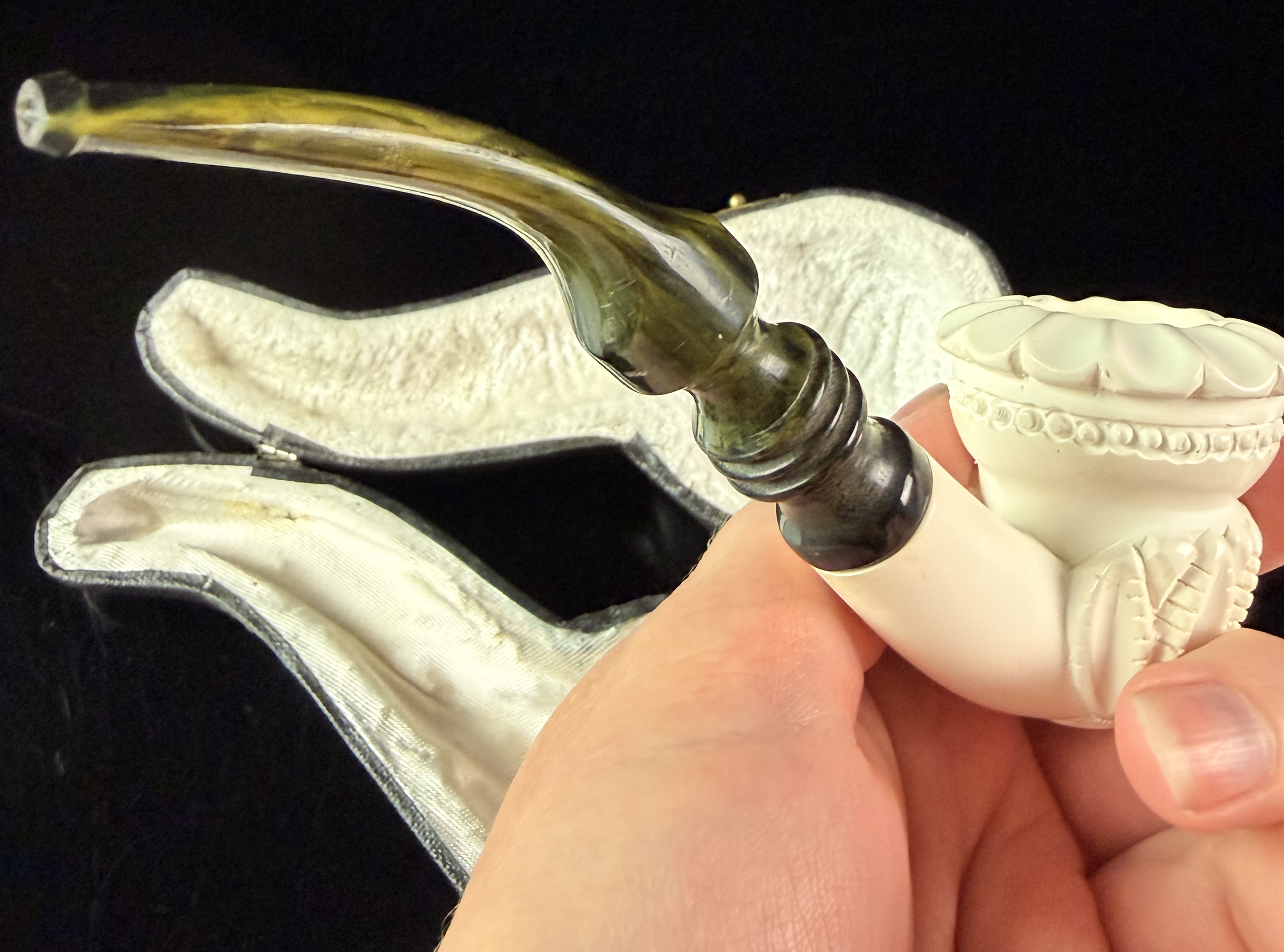 Carved Meerschaum Smoking Pipe with Mottled Green Stem and Fitted Case