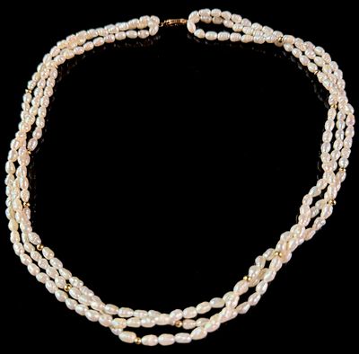 Triple-Strand Freshwater Cultured Pearl and 14 Karat Yellow Gold Bead Necklace. A three-strand 