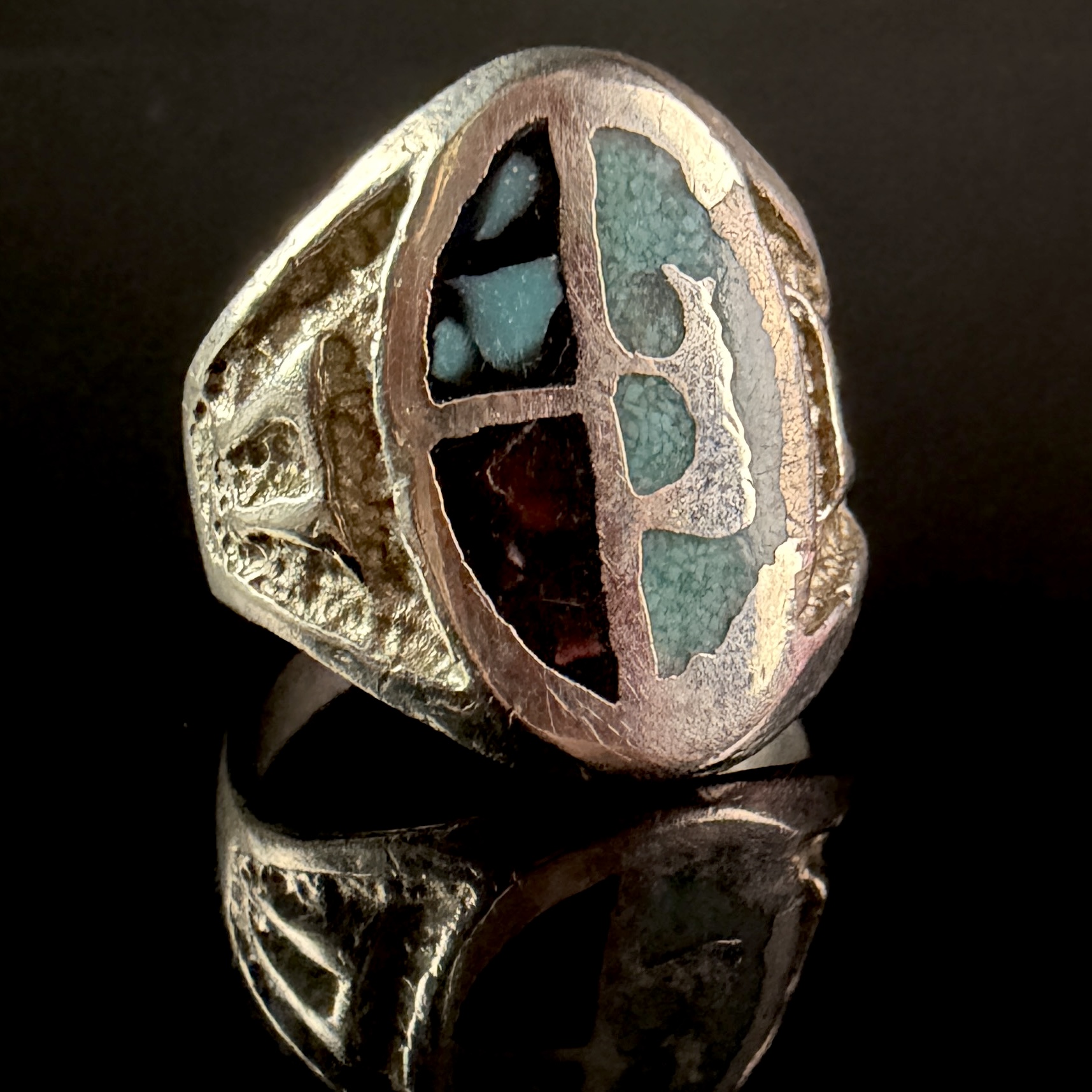 Southwestern Style Sterling Silver Multi-Stone Chip Inlay Signet Ring