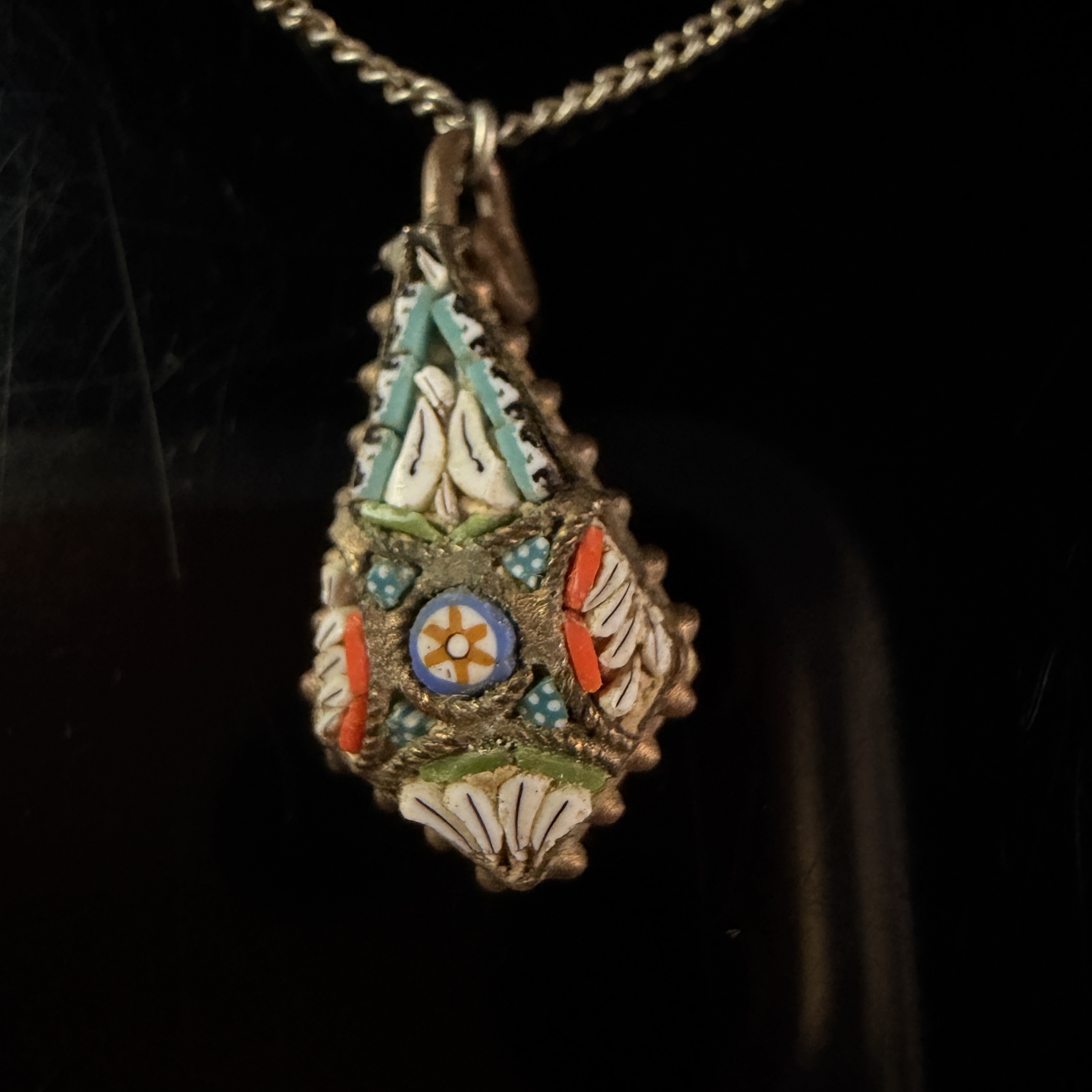 Vintage Italian Micro Mosaic Teardrop Pendant Necklace