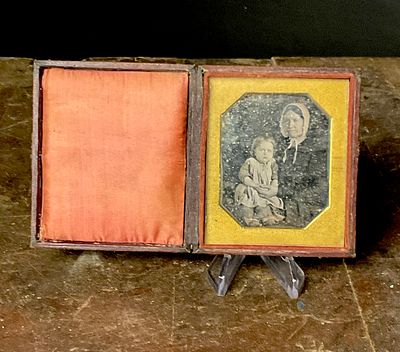 Circa 1850s Sixth-Plate Daguerreotype Portrait of a Woman and Child in Embossed Case. A mid-19th 