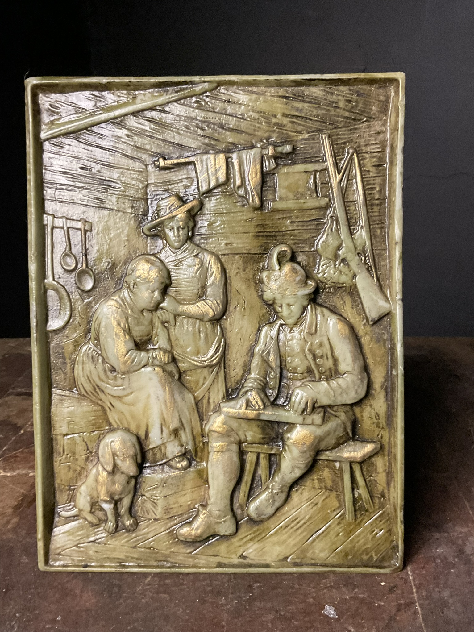 20th Century High-Relief Composition Wall Plaque Depicting an Alpine Interior Scene