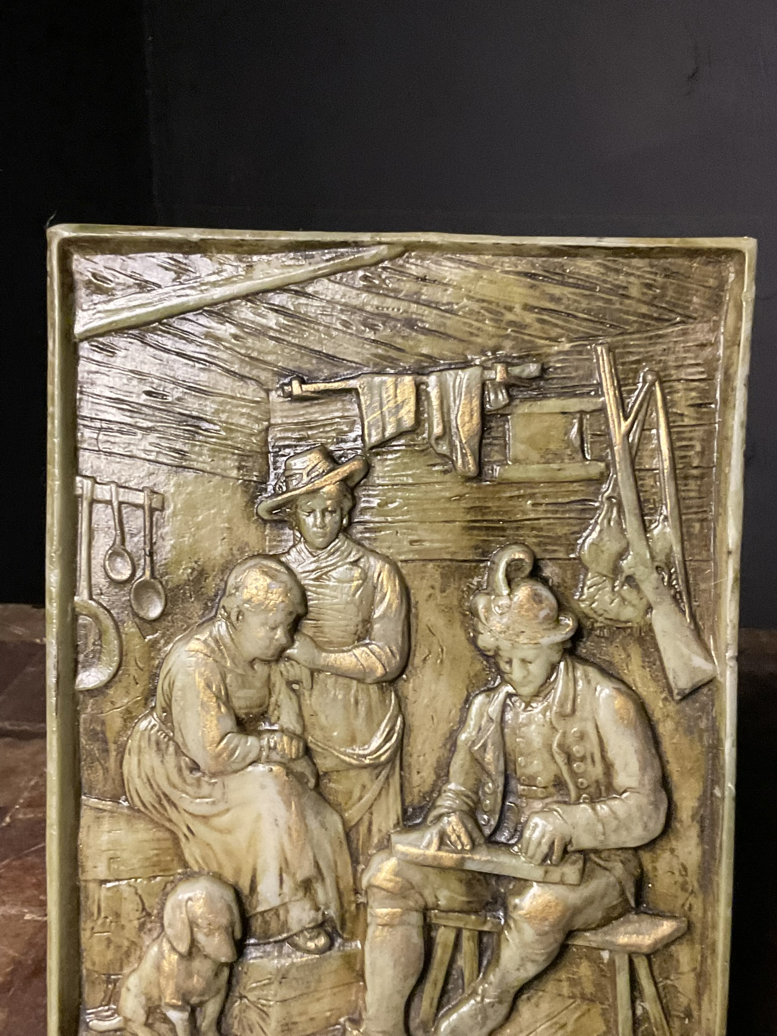 20th Century High-Relief Composition Wall Plaque Depicting an Alpine Interior Scene