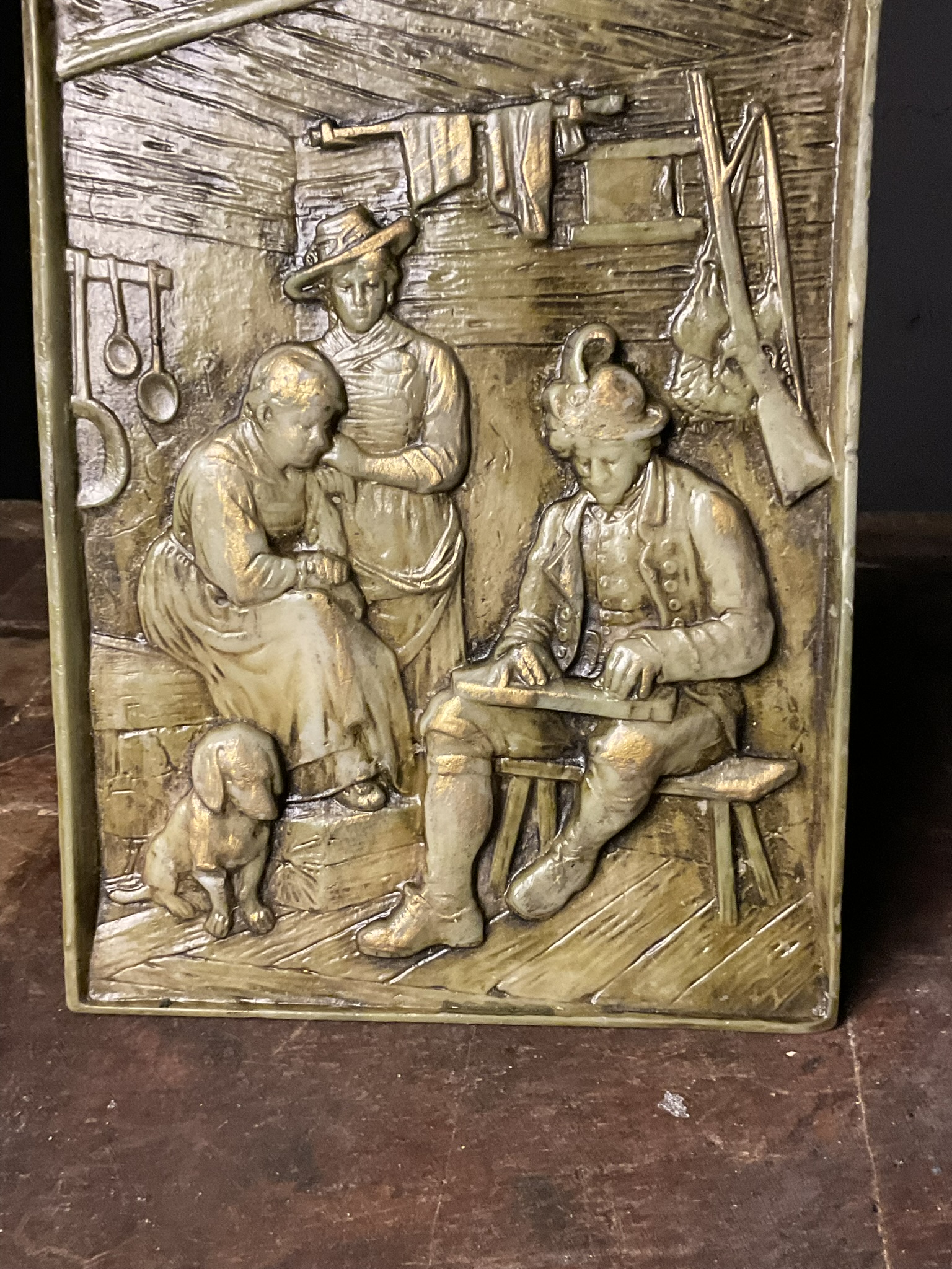 20th Century High-Relief Composition Wall Plaque Depicting an Alpine Interior Scene