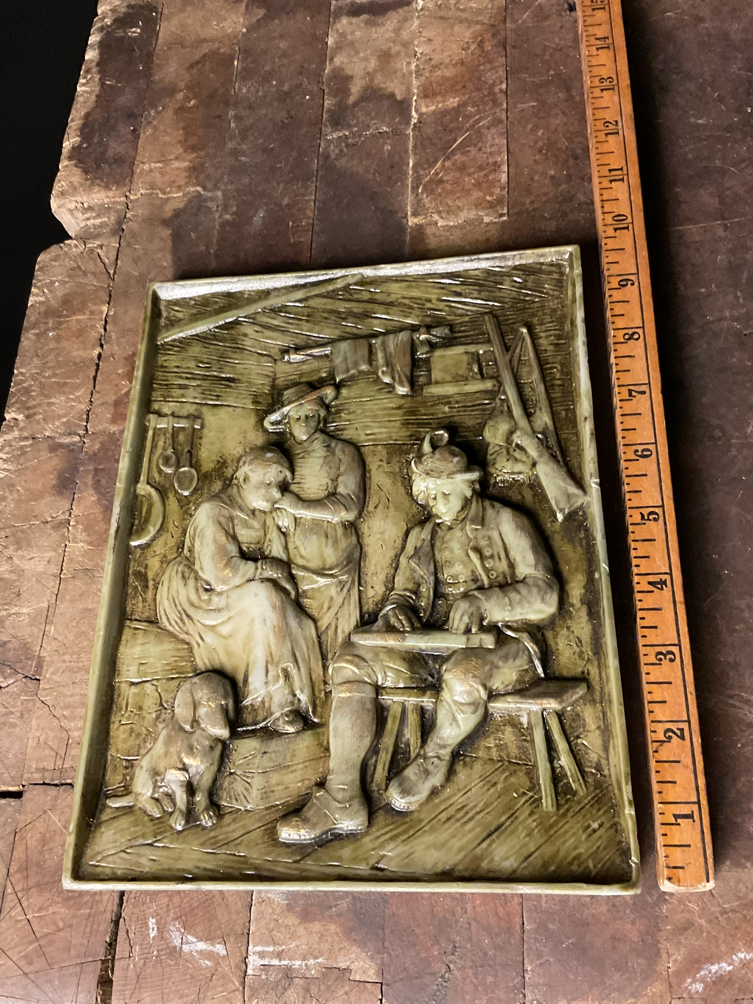 20th Century High-Relief Composition Wall Plaque Depicting an Alpine Interior Scene