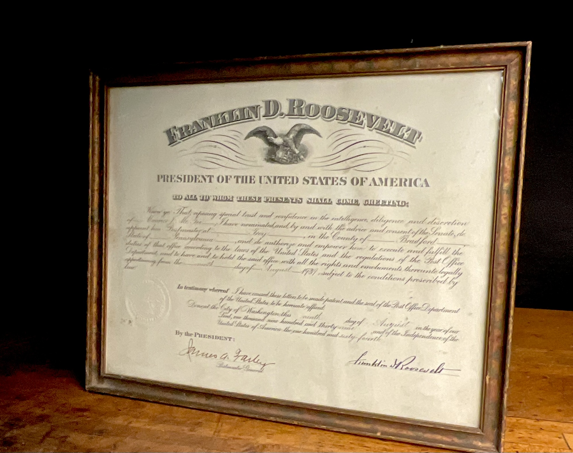 1939. Roosevelt, Franklin D. United States Postmaster Appointment Document (Signed).