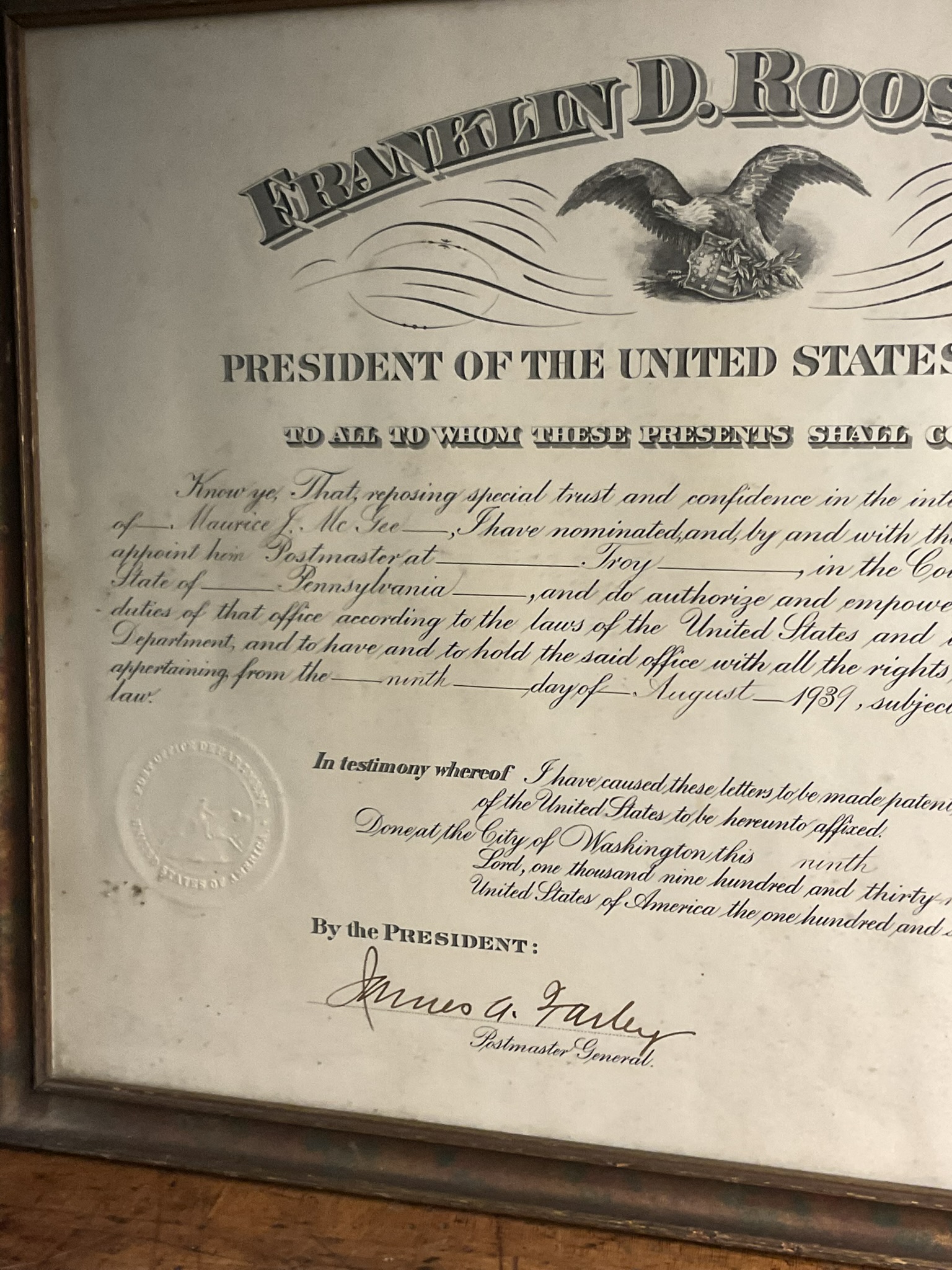1939. Roosevelt, Franklin D. United States Postmaster Appointment Document (Signed).