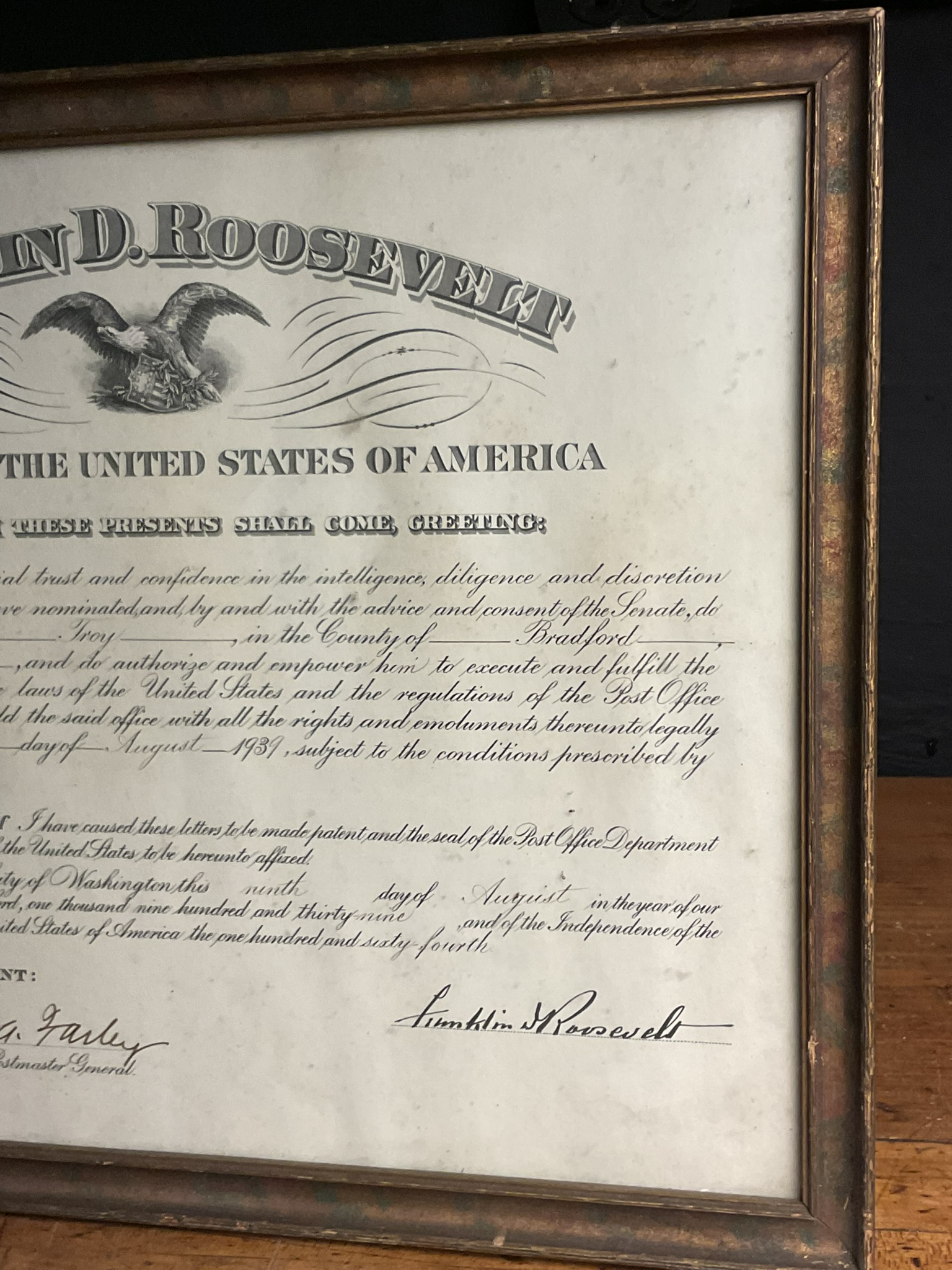 1939. Roosevelt, Franklin D. United States Postmaster Appointment Document (Signed).