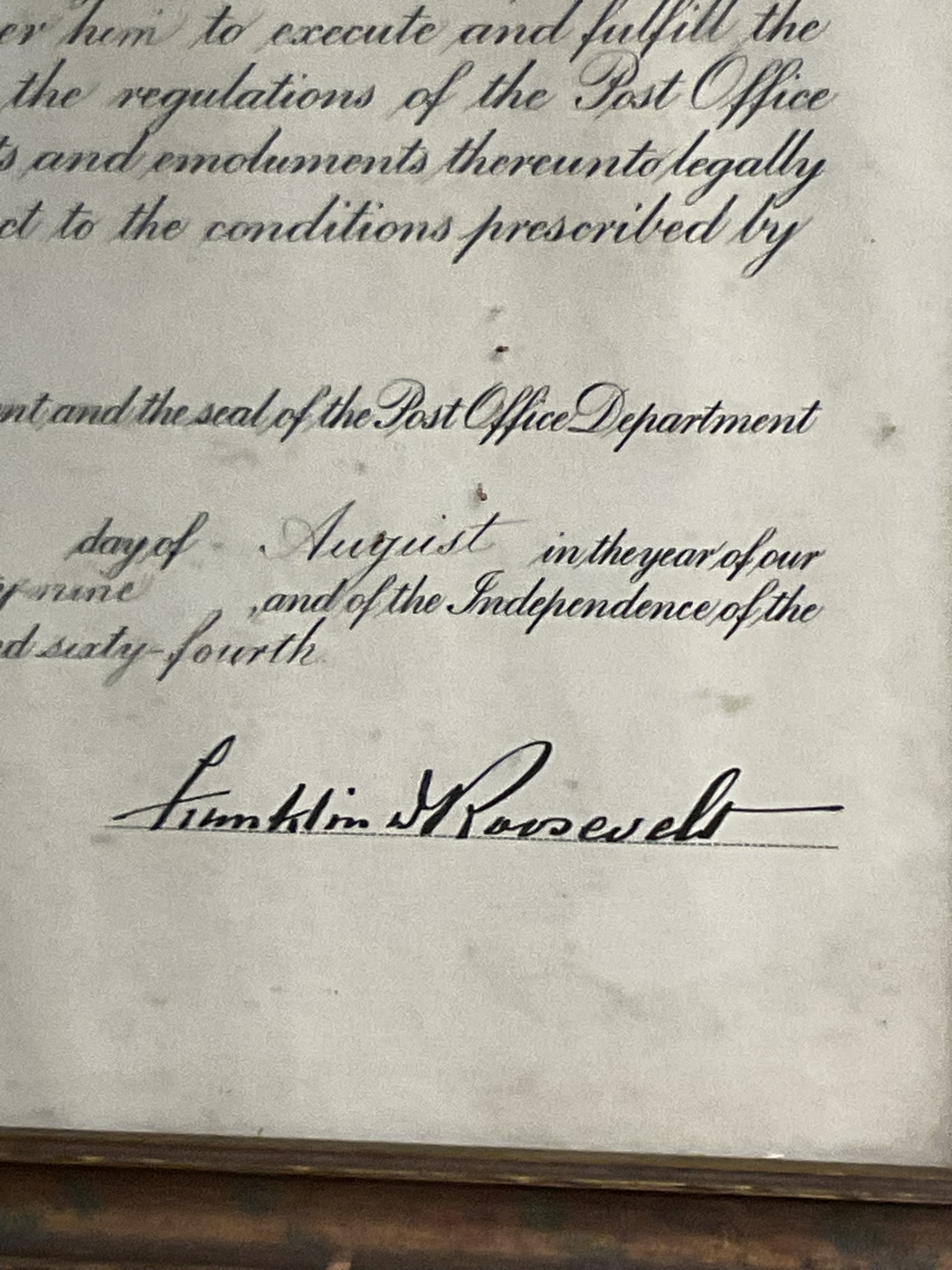 1939. Roosevelt, Franklin D. United States Postmaster Appointment Document (Signed).
