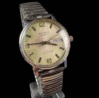 Benrus Citation Quartz Wristwatch with Day-Date and Expansion Bracelet. A vintage men's 