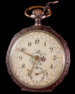 Antique .800 Silver Open Face Remontoir Pocket Watch with Enamel Floral Dial. This is an 